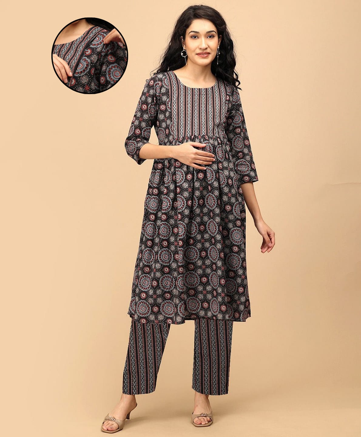 The Mom Store Cotton Woven Three Fourth Sleeves Floral Printed Maternity Kurti With Nursing Access & Pant Set - Black-image-13