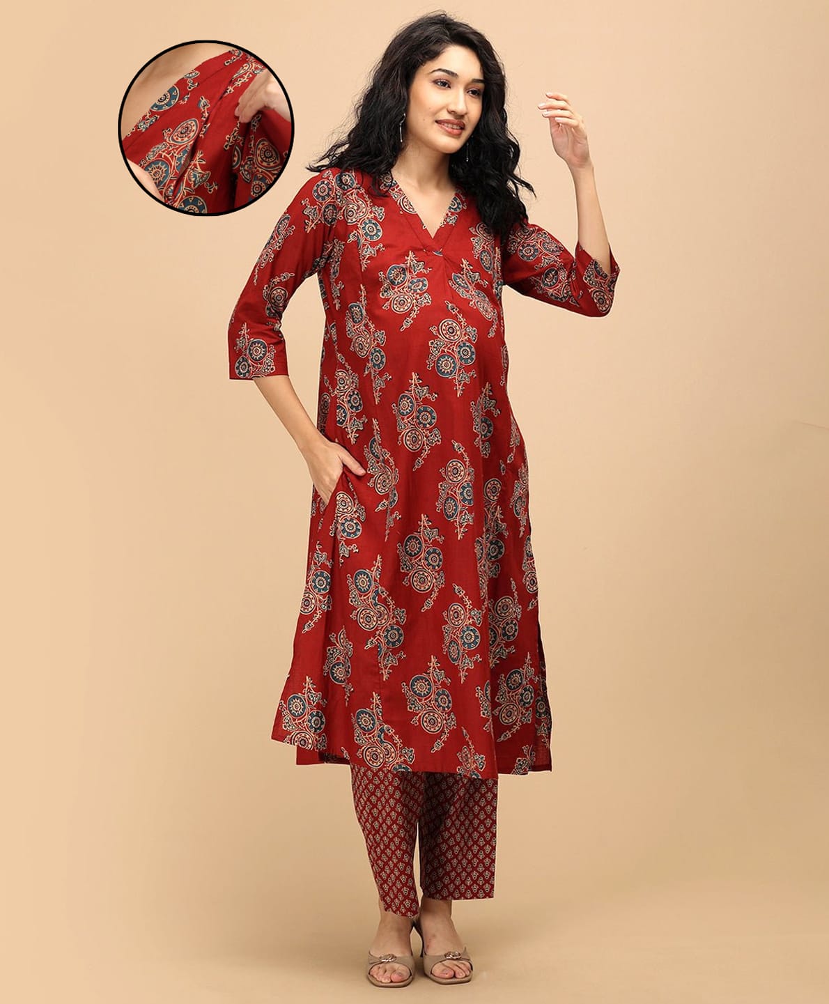 The Mom Store Cotton Woven Three Fourth Sleeves Abstract Printed Maternity Kurti With Nursing Access & Pant Set - Red-image-40