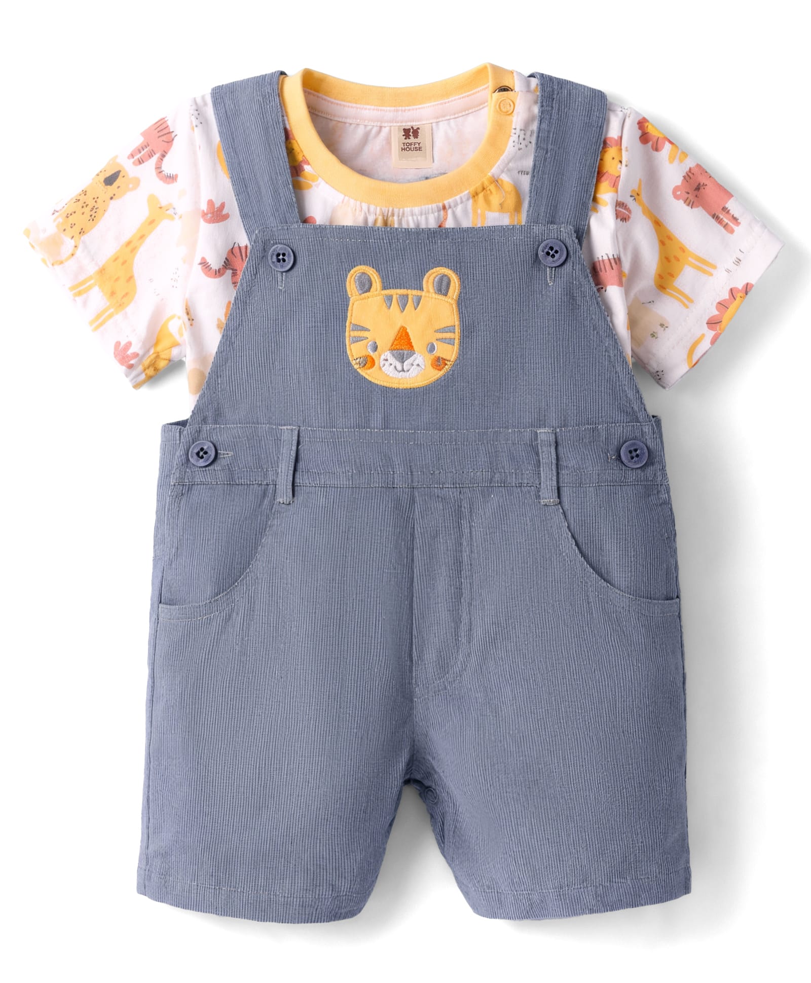 ToffyHouse Sinker Knit Dungaree & Half Sleeves T-Shirt With Animal Print - Blue-image-12