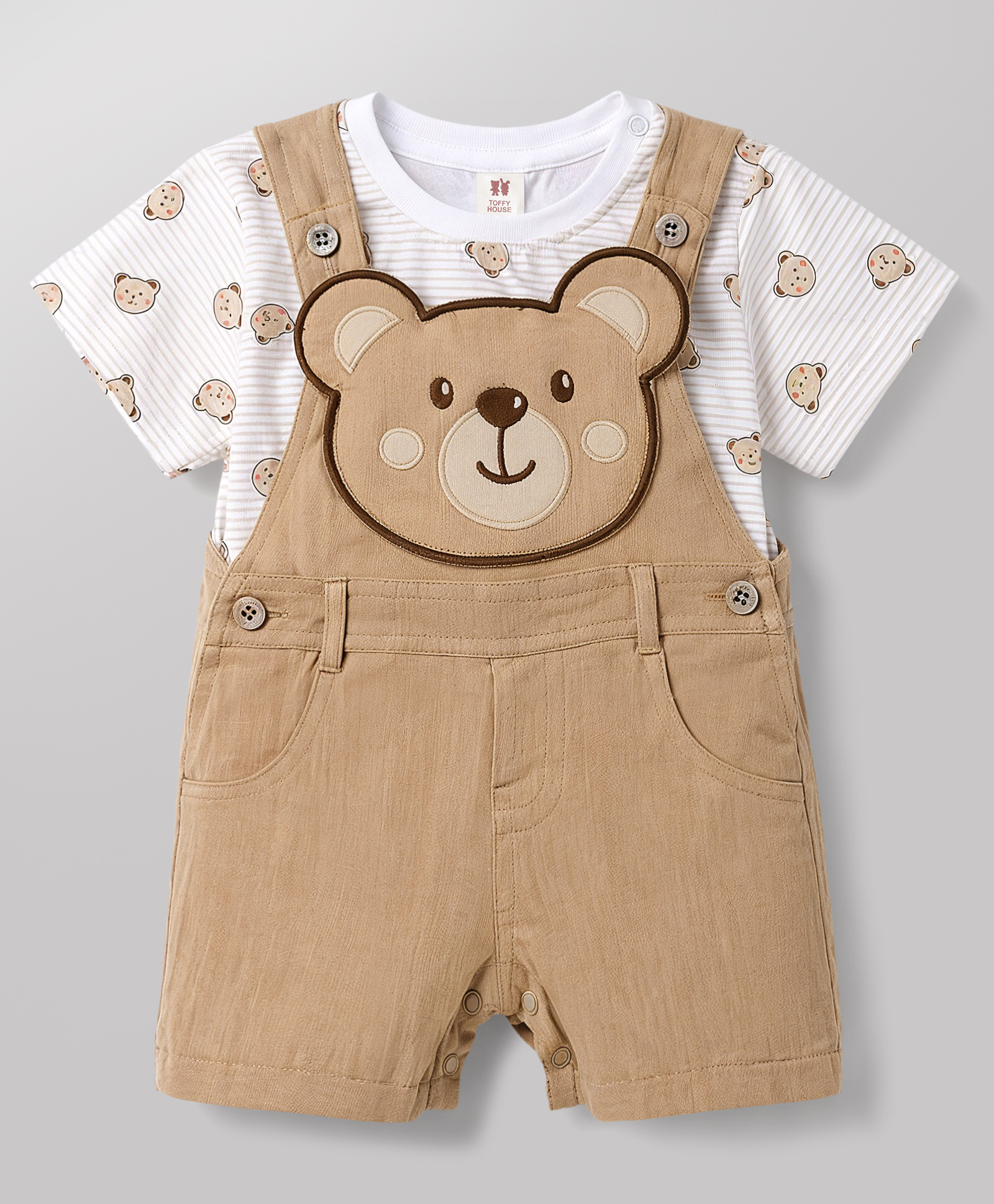 ToffyHouse Sinker Woven Half Sleeves Bear Printed Dungaree Set With Applique - Light Brown-picture-11