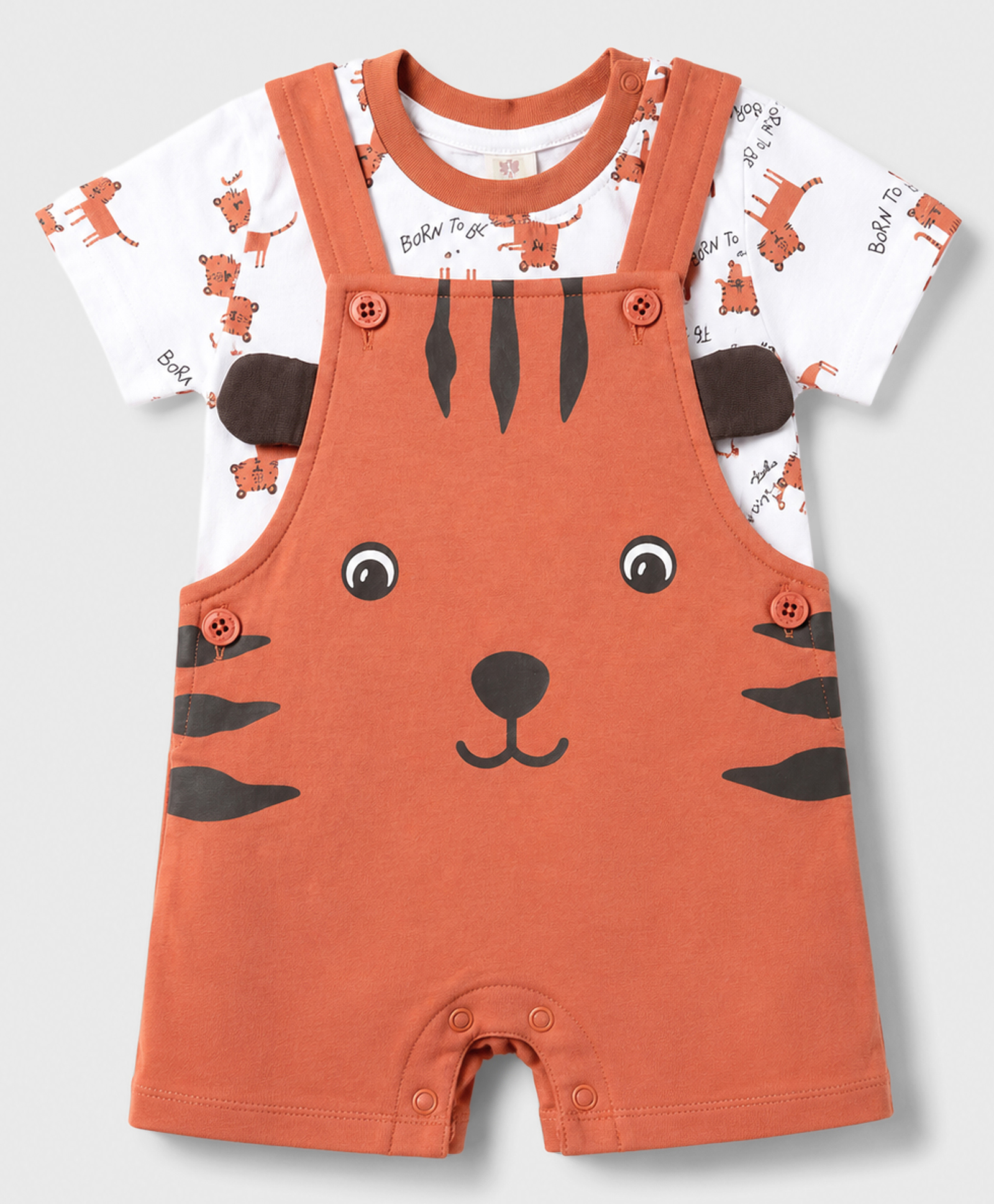 ToffyHouse Sinker Woven Half Sleeves Tiger Printed Dungaree With Inner Tee - Coral-image-28