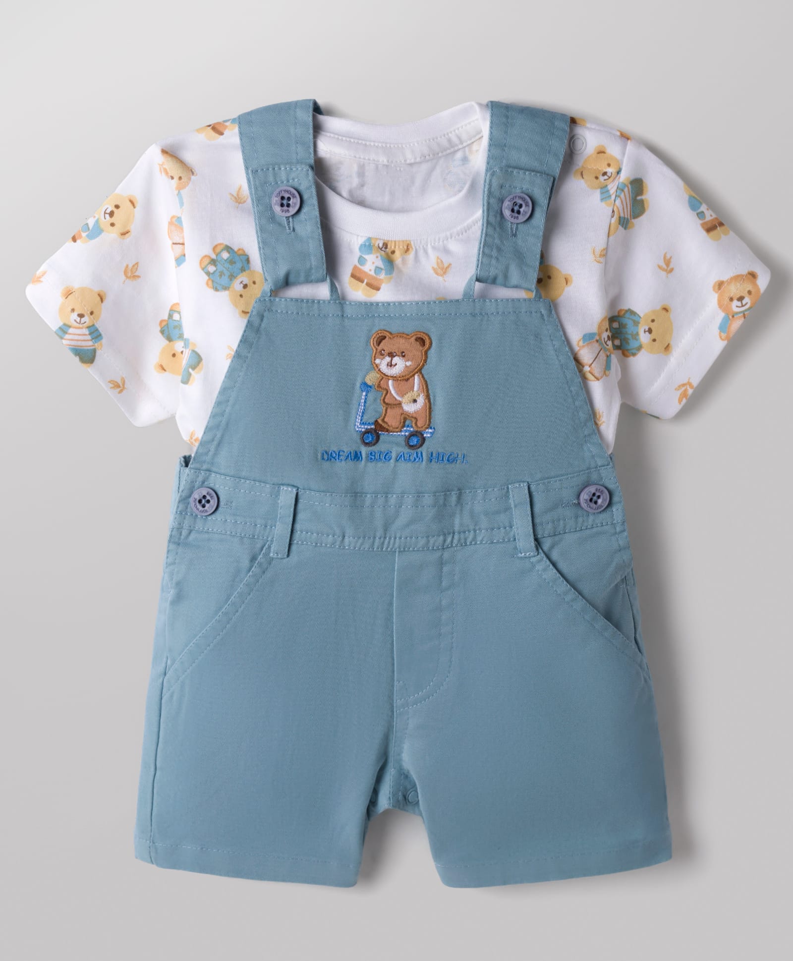 ToffyHouse Sinker Woven Half Sleeves Bear Printed & Embroidered Dungaree With Inner Tee - Light Blue-picture-10