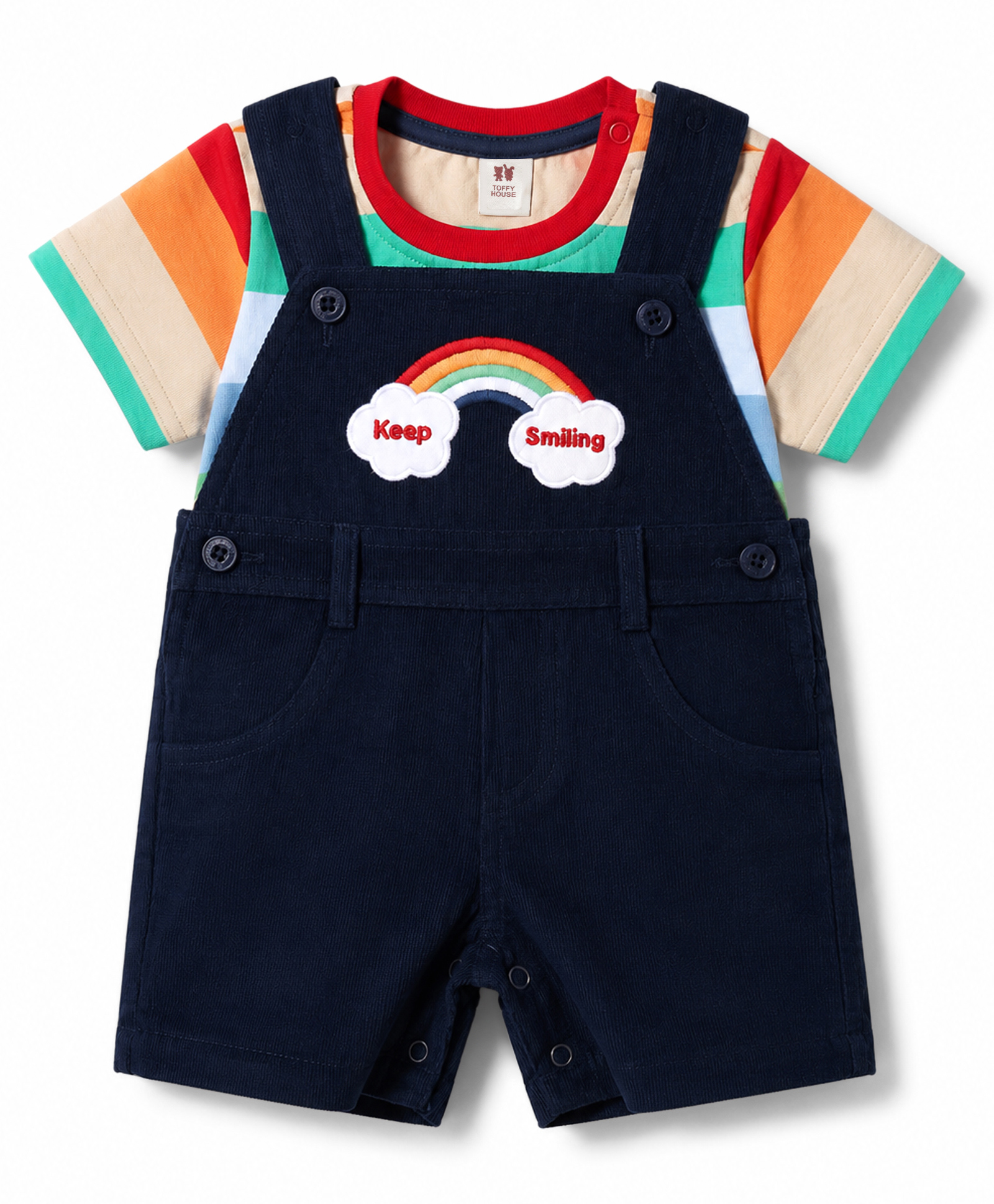 ToffyHouse Sinker Knit Half Sleeves Striped & Embroidered Dungaree With Inner Tee - Navy Blue-image-34