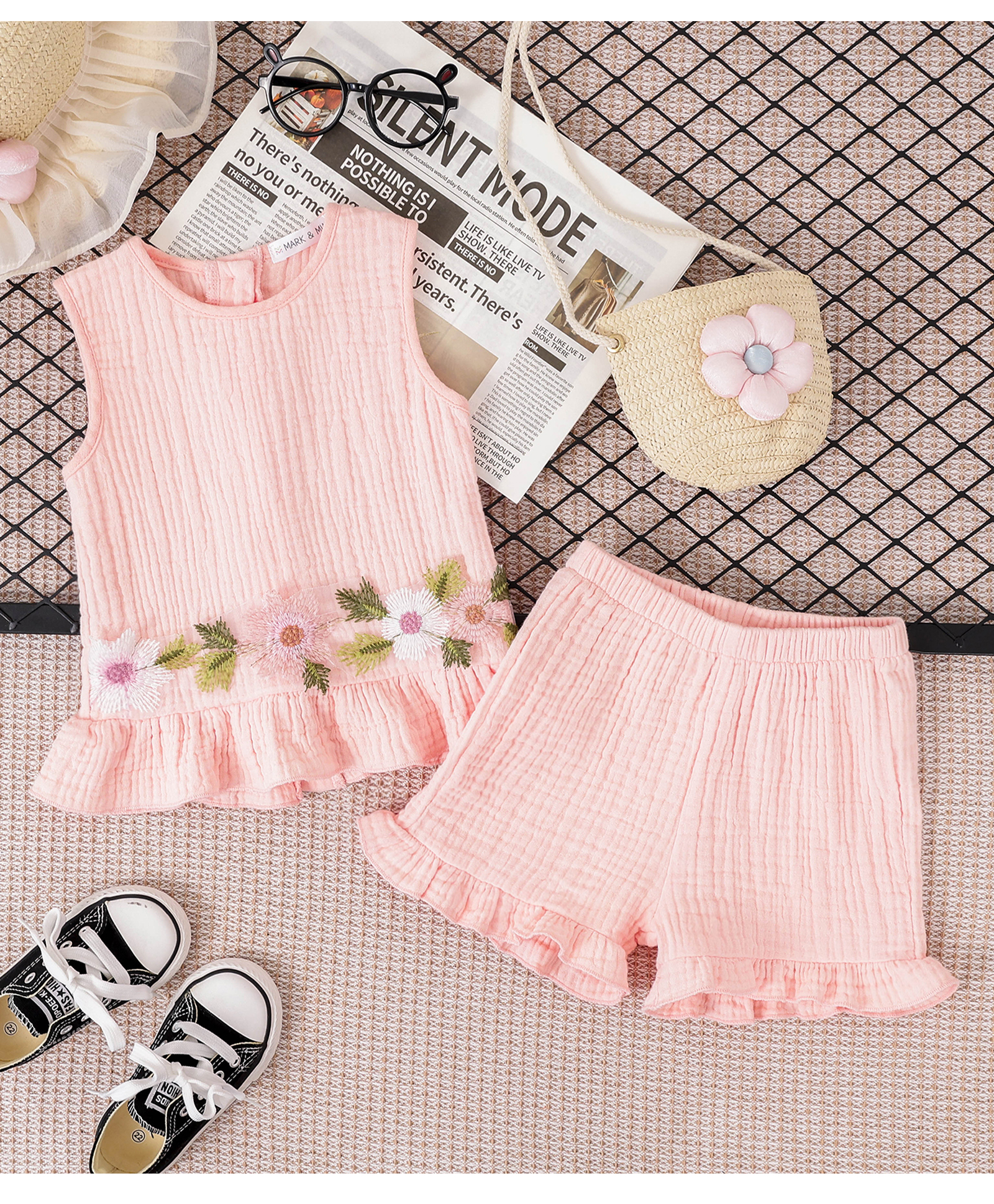 Mark & Mia Cotton Sleeveless Top & Shorts Set with Floral Embroidery & Frill Detailing - Light Pink