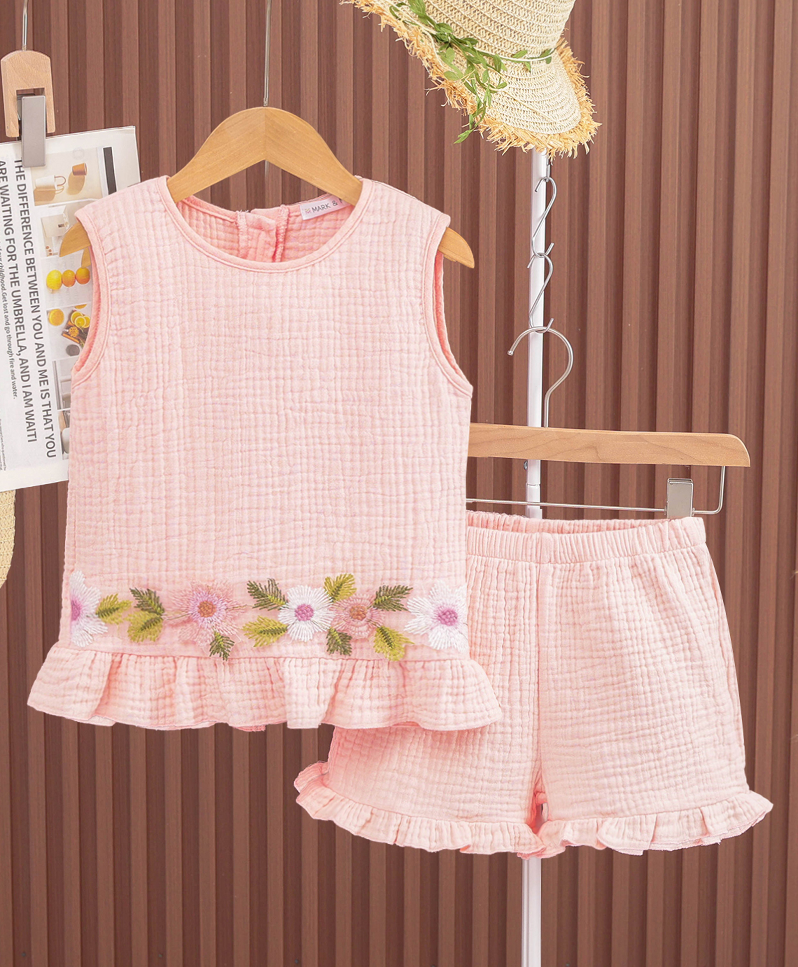 Mark & Mia Cotton Sleeveless Top & Shorts Set with Floral Embroidery & Frill Detailing - Light Pink-picture-35