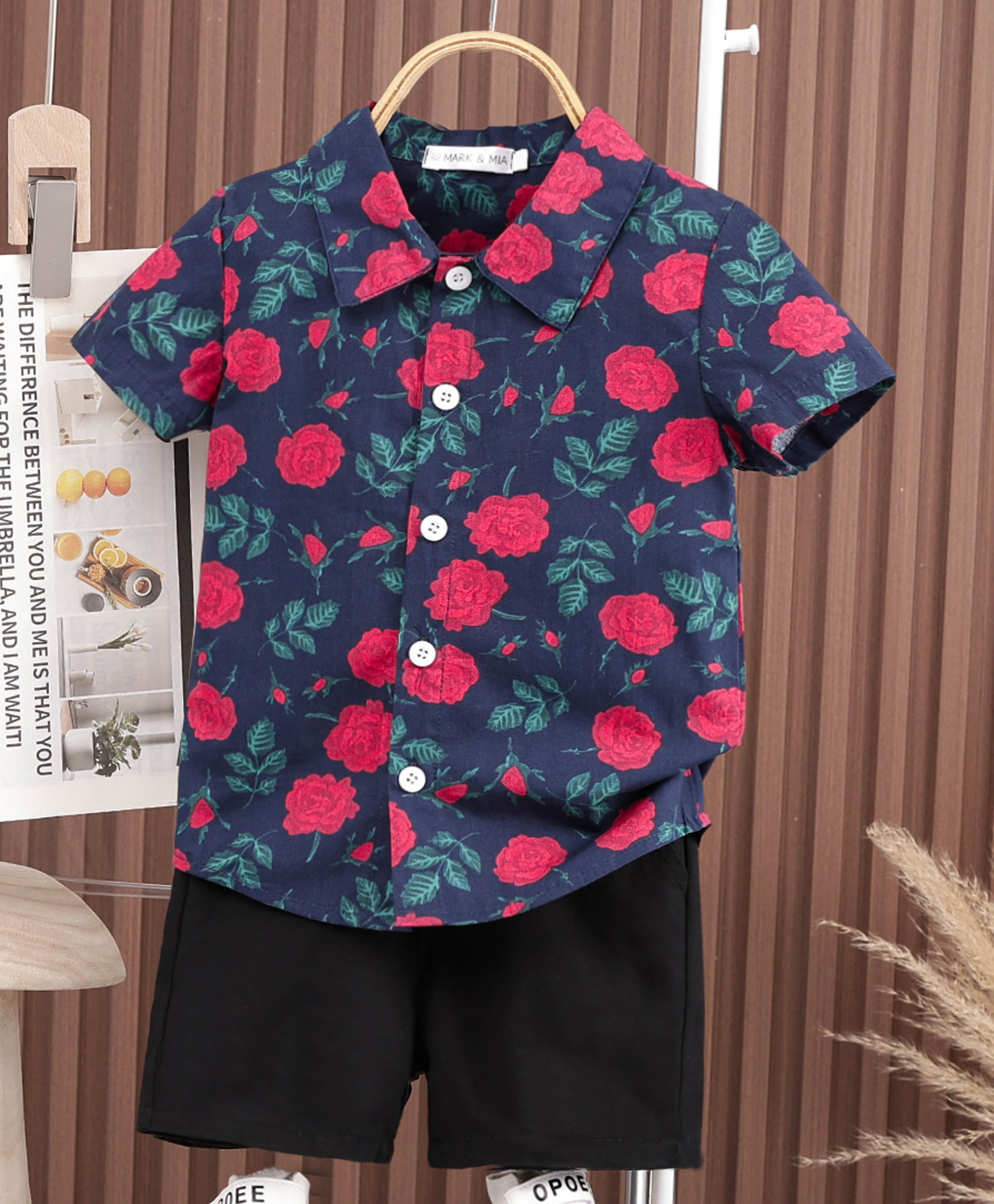 Mark & Mia Cotton Half Sleeves Shirt & Shorts Set with Floral Print - Multicolor-image-11