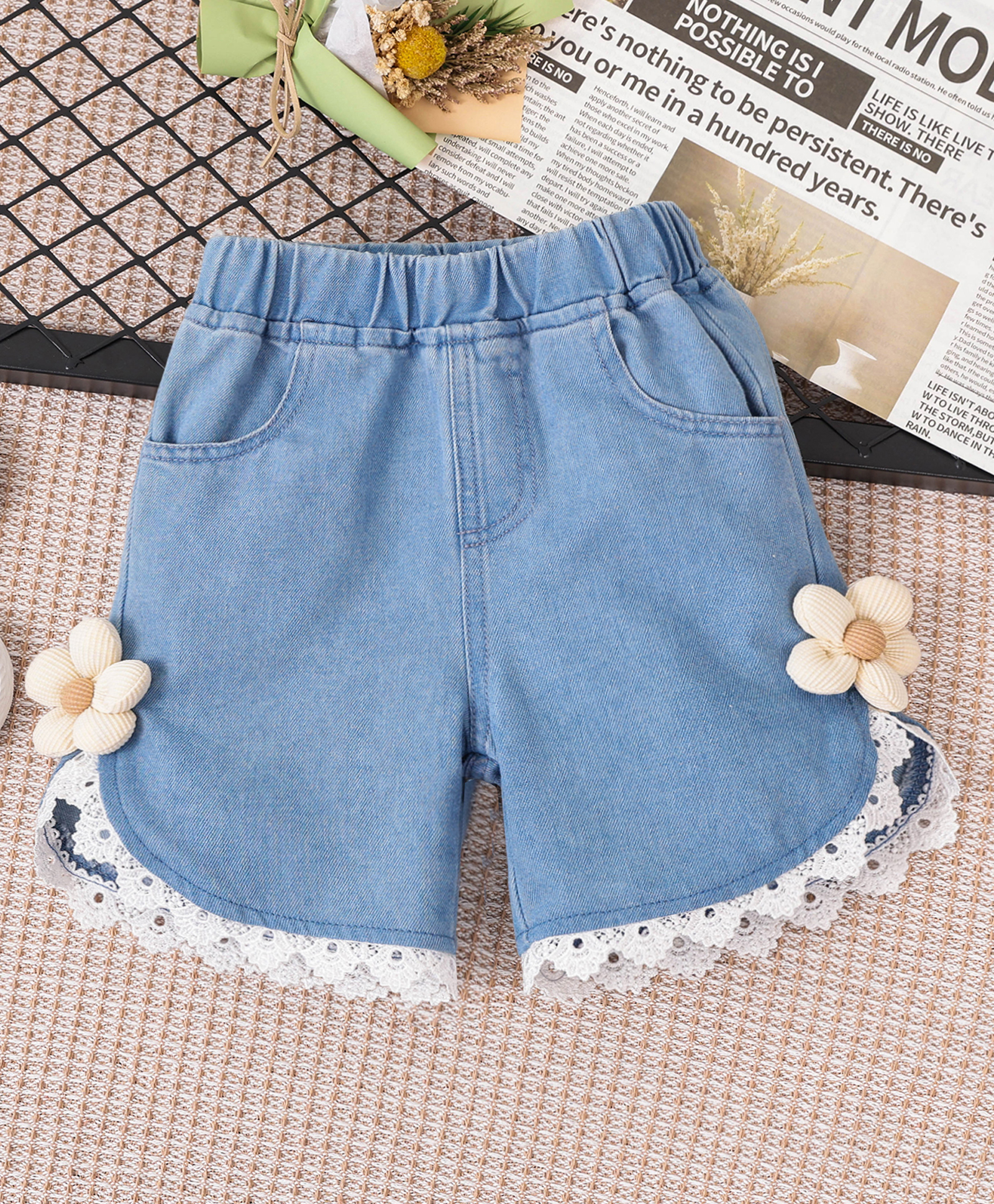 Mark & Mia Cotton Shorts with Floral Applique & Lace Detailing - Light Blue-picture-12