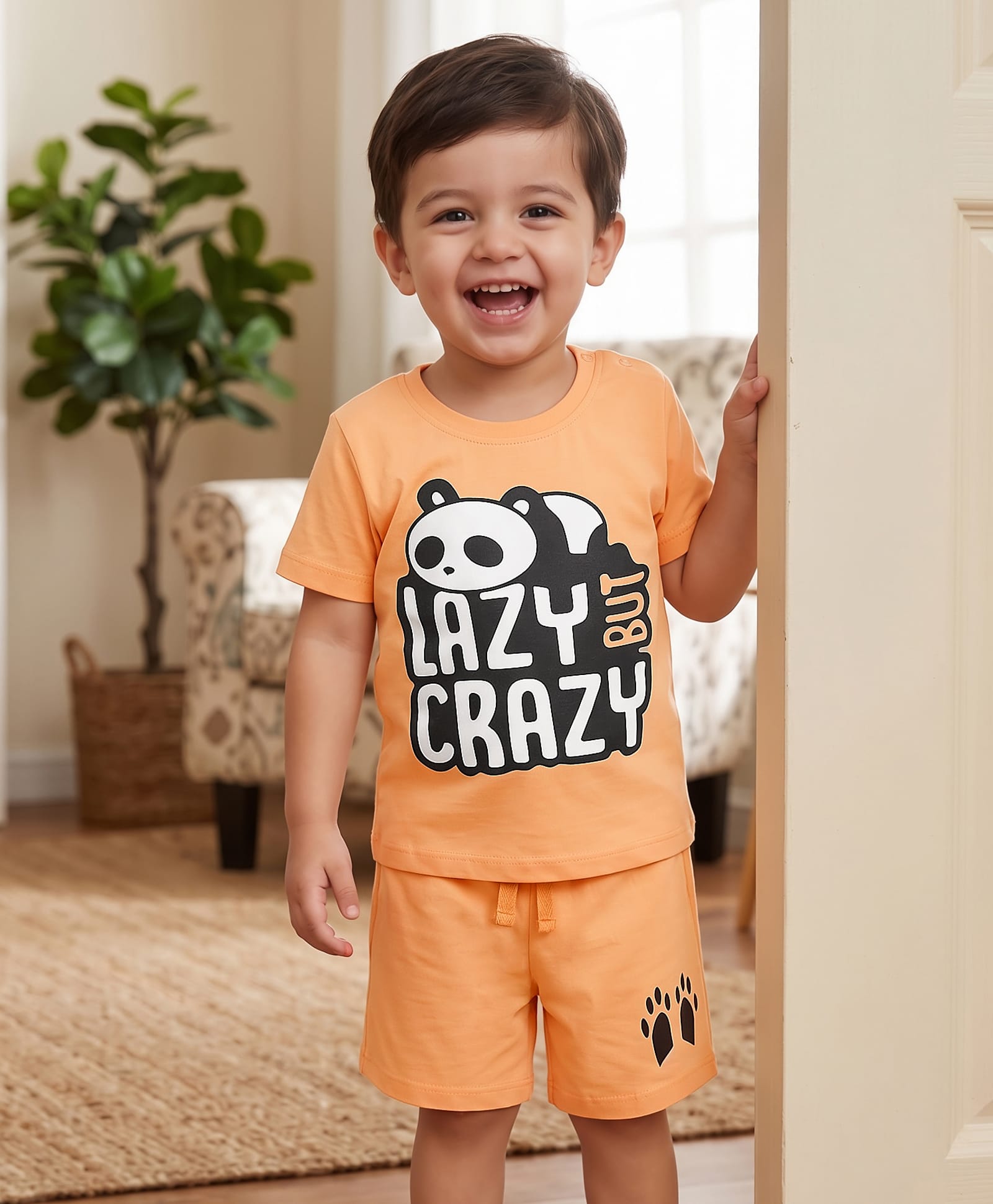 kookie kids india Kookie Kids Single Jersey Knit Half Sleeves T-Shirt & Shorts Set With Panda Print - Orange-picture-22