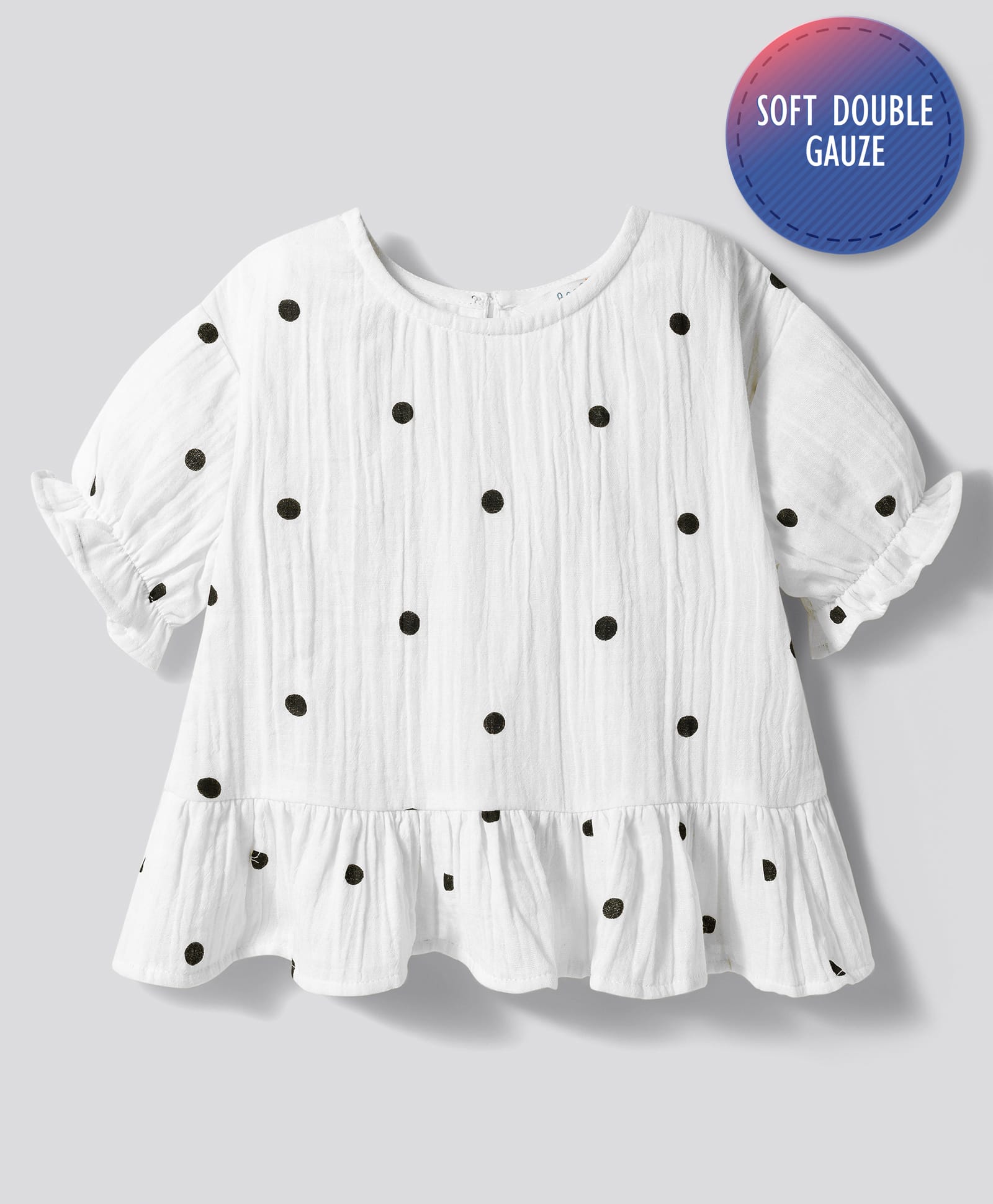 Bonfino 100% Cotton Woven Double Cloth Half Sleeves Top with Polka Dot Print & Ruffles Panel - White-image-19