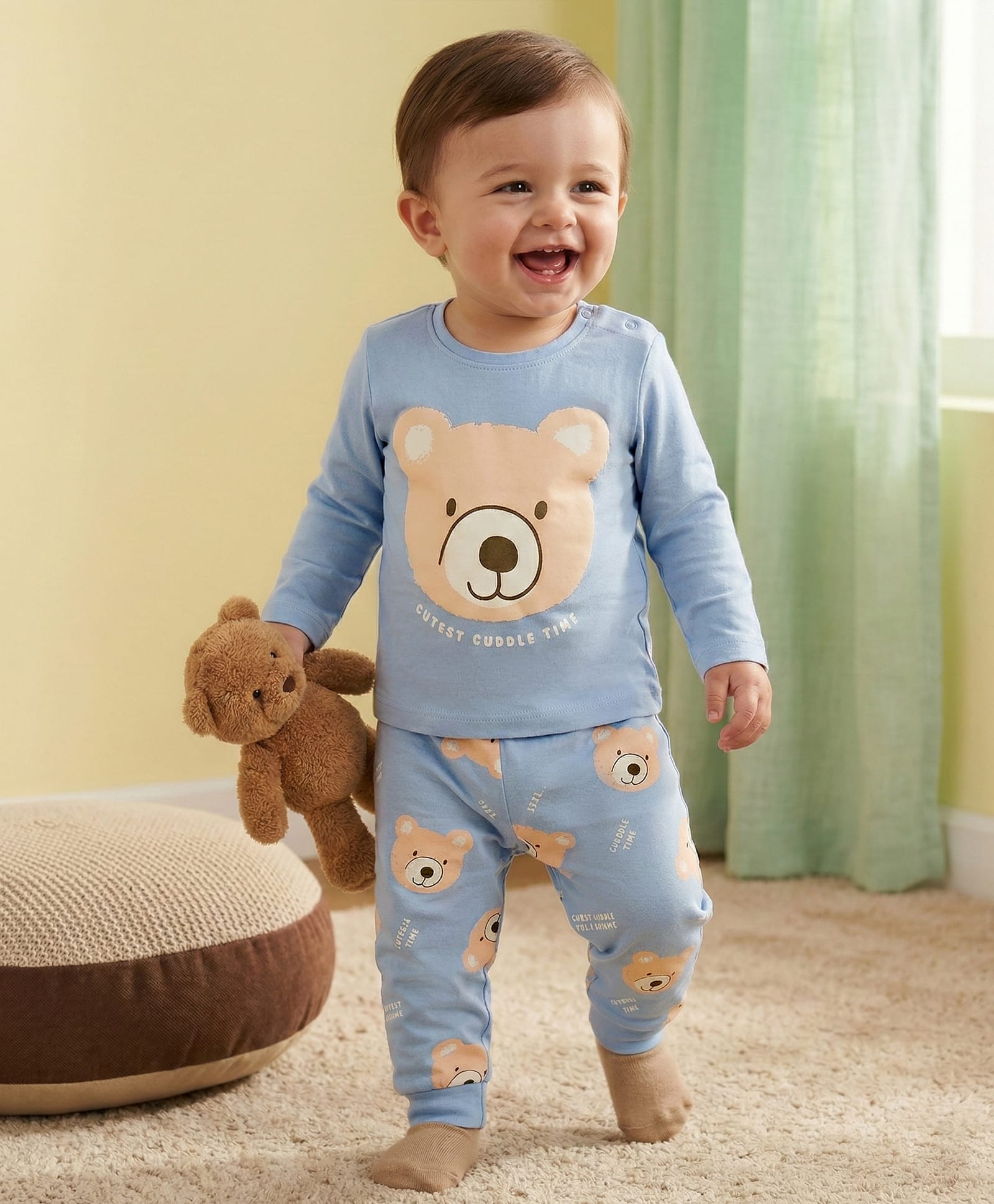 Babyoye 100% Cotton Knit Full Sleeves T-Shirt & Pyjama Night Suit With Teddy Bear Print - Aqua Blue-picture-0
