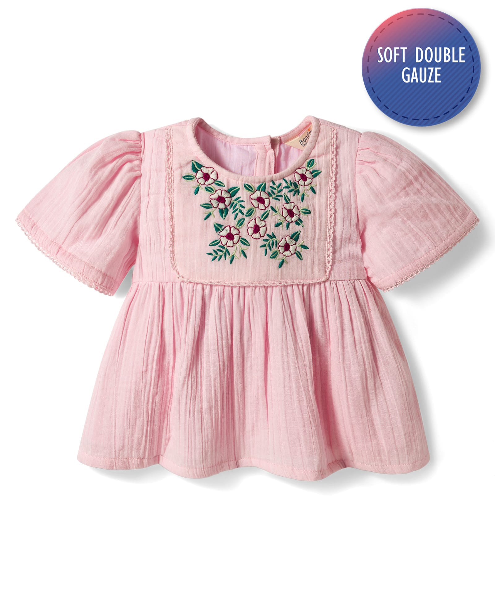 Bonfino 100% Cotton Woven Double Cloth Half Balloon Sleeves Top with Floral Embroidery - Pink-picture-18