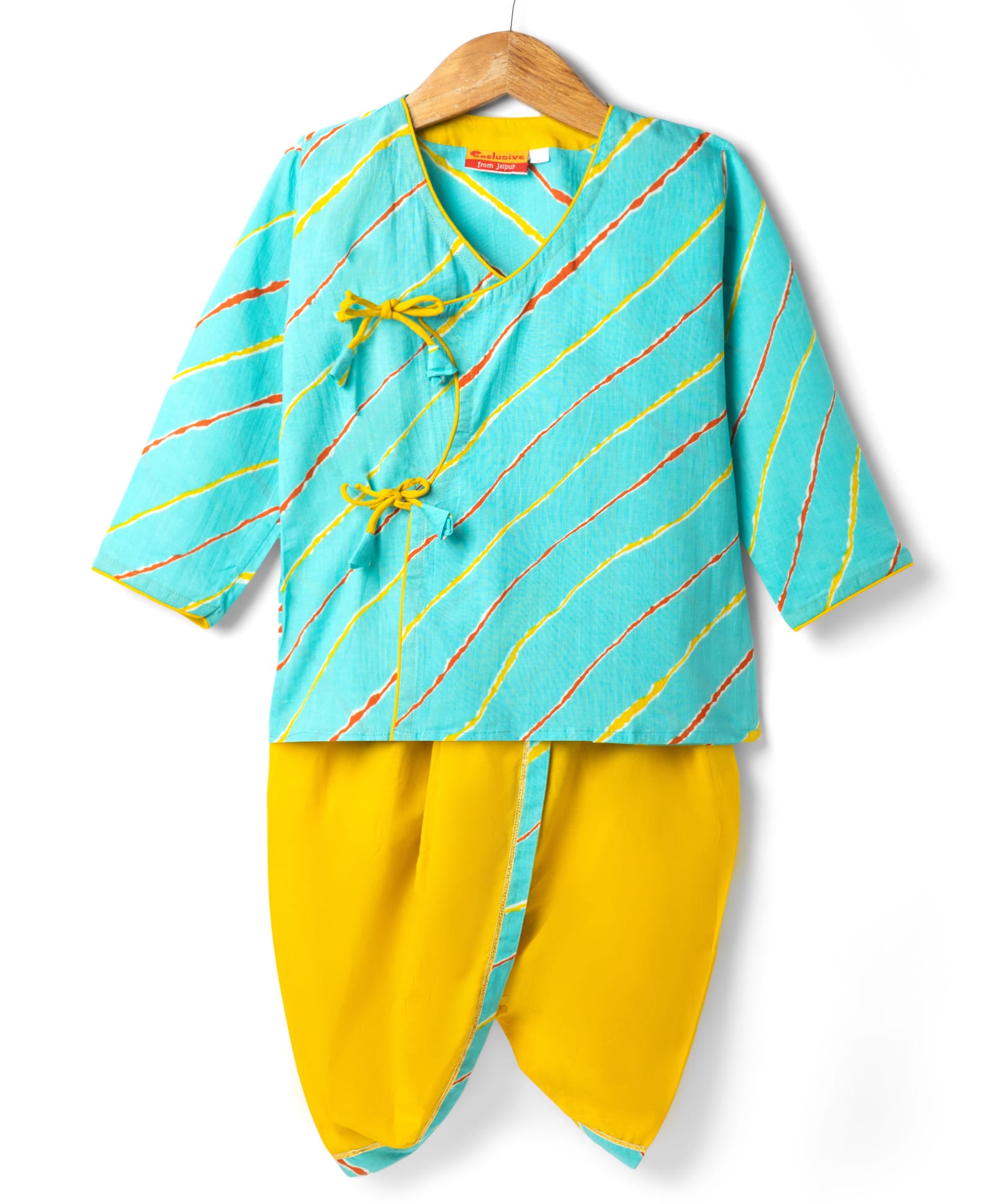 Exclusive from Jaipur Cotton Woven Full Sleeves Striped Kurta & Dhoti Set - Light Blue & Yellow-picture-11