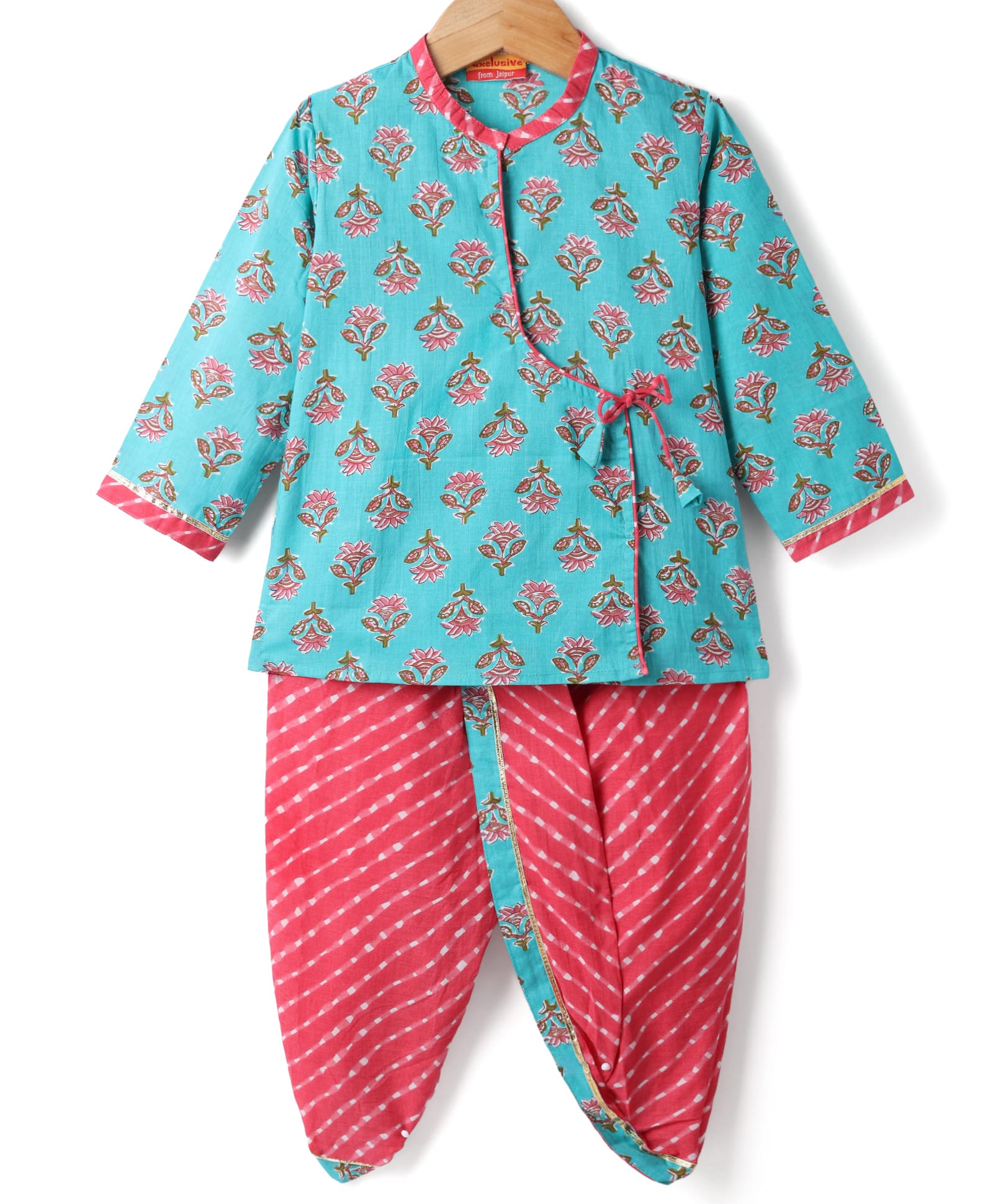 Exclusive from Jaipur Cotton Woven Full Sleeves Floral Printed Dhoti Kurta Set - Light Blue & Pink-picture-10