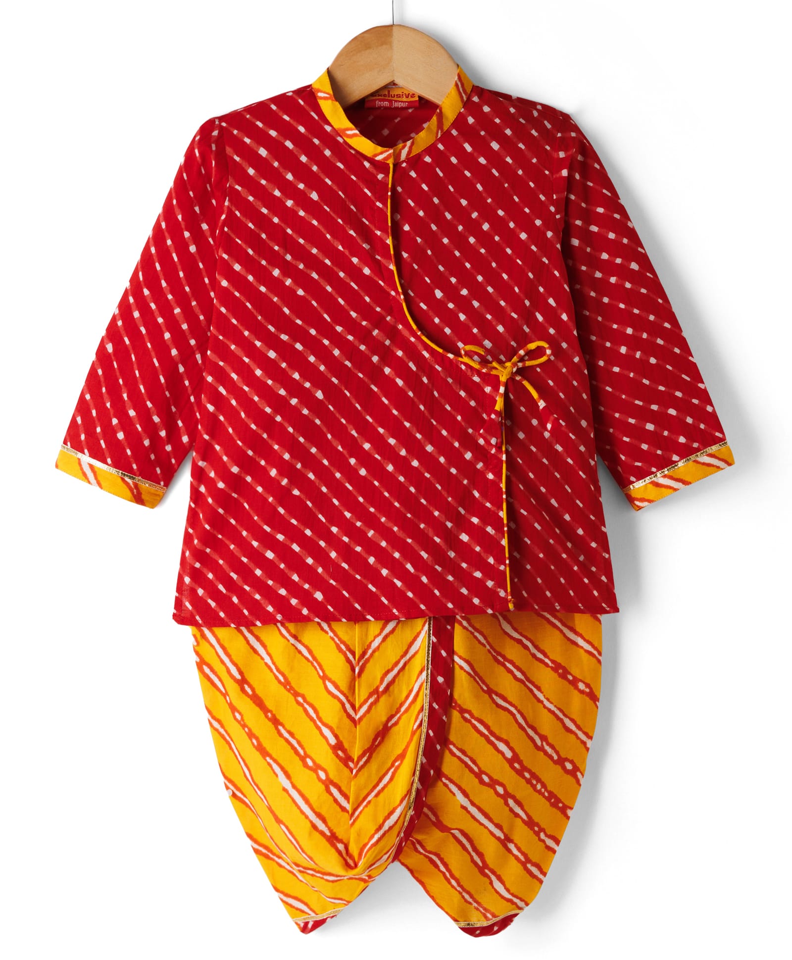Exclusive from Jaipur Cotton Woven Full Sleeves Kurta Dhoti Set with Stripes - Red & Orange-image-42