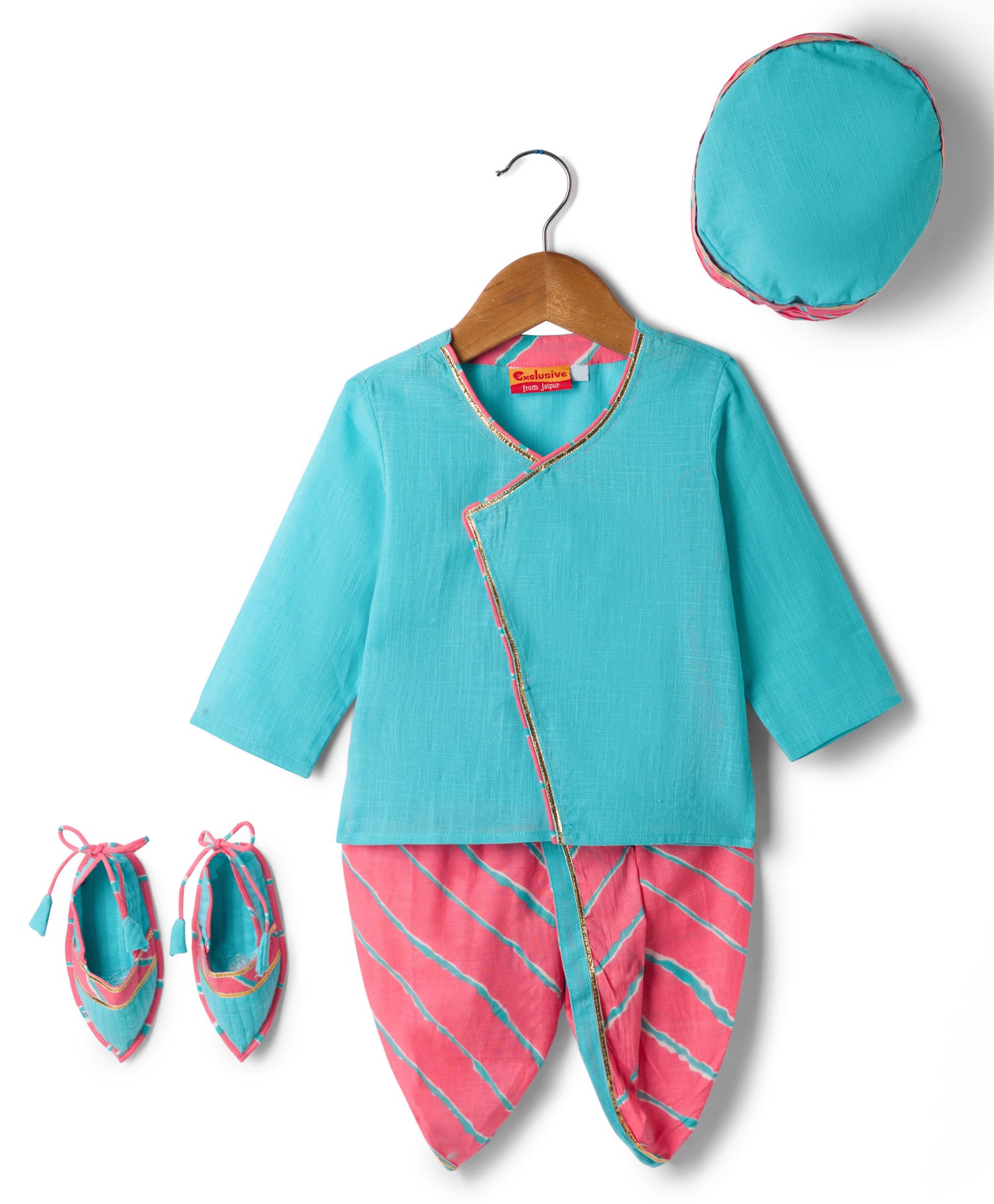 Exclusive from Jaipur Cotton Woven Full Sleeves Solid Colour Kurta & Dhoti Set With Booties & Cap - Sky & Pink-picture-11