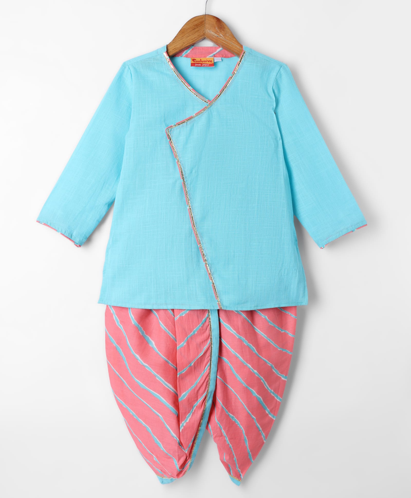 Exclusive from Jaipur Cotton Woven Full Sleeves Printed Dhoti & Kurta Set -Light Blue & Peach-image-44