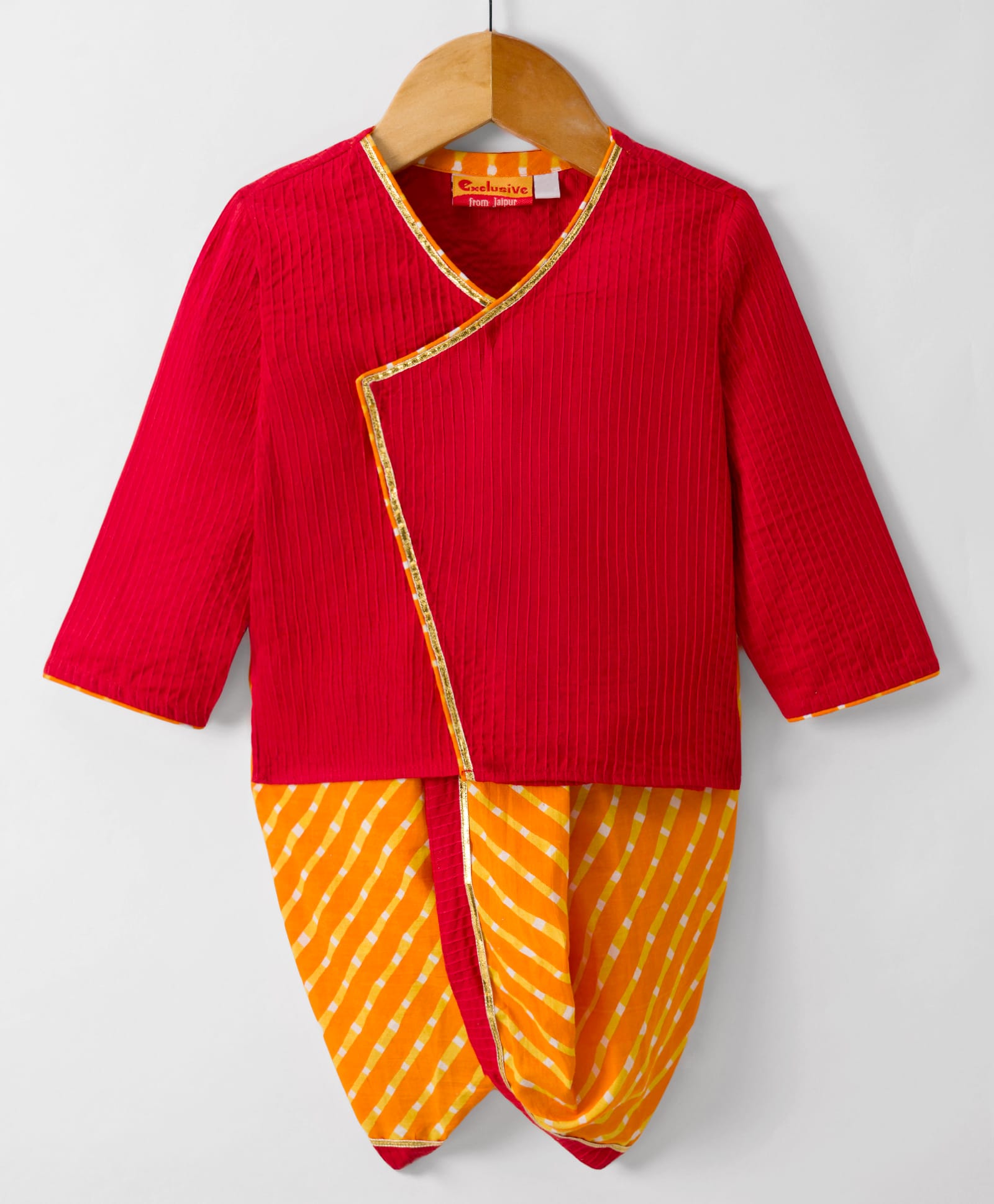 Exclusive from Jaipur Full Sleeves Cotton Woven Solid Dhoti Kurta Set Red & Orange (3.5-4.5Y)-image-42