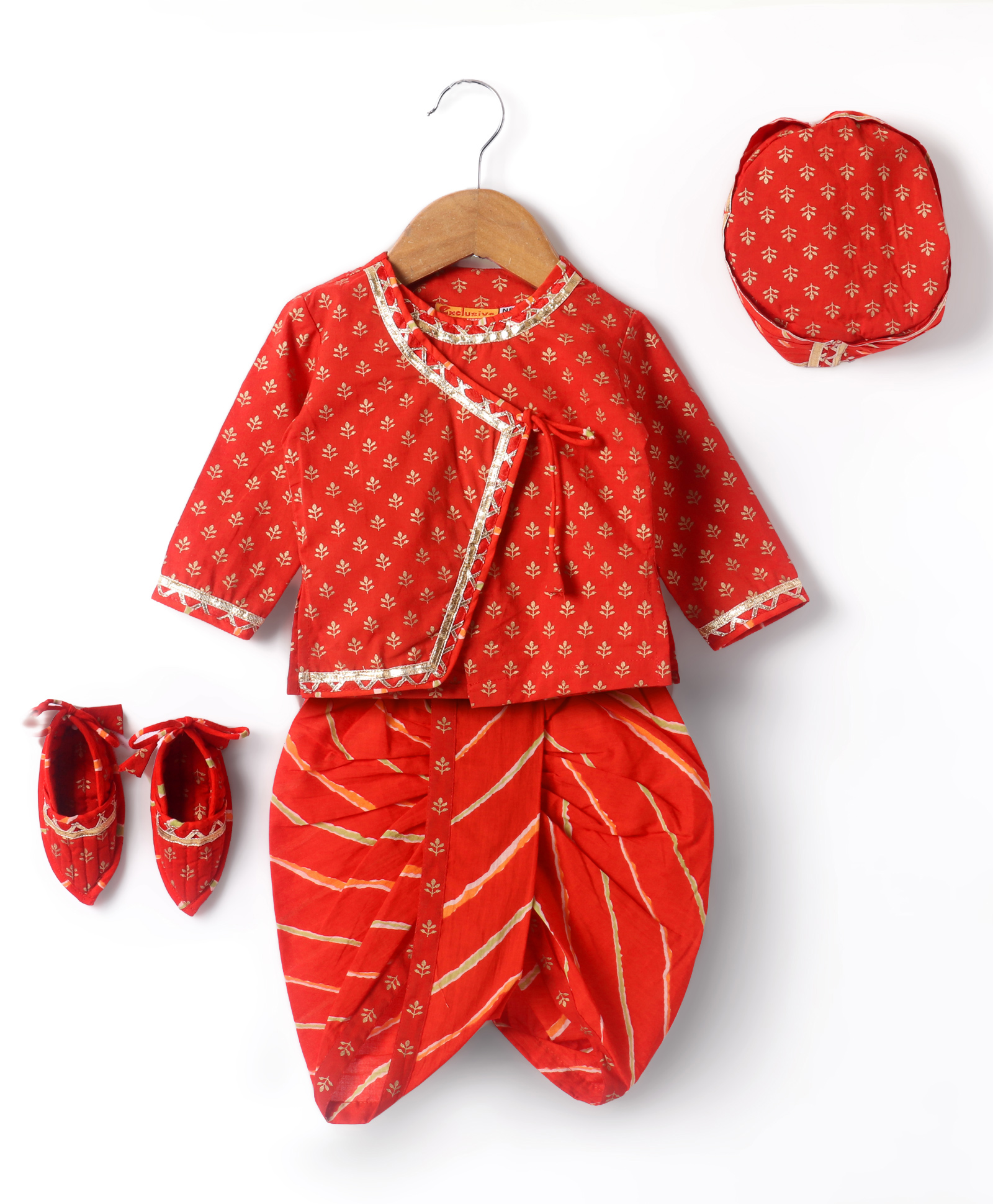 Exclusive from Jaipur Cotton Woven Full Sleeves Striped Kurta Dhoti Set with Cap & Booties Set - Red-image-28