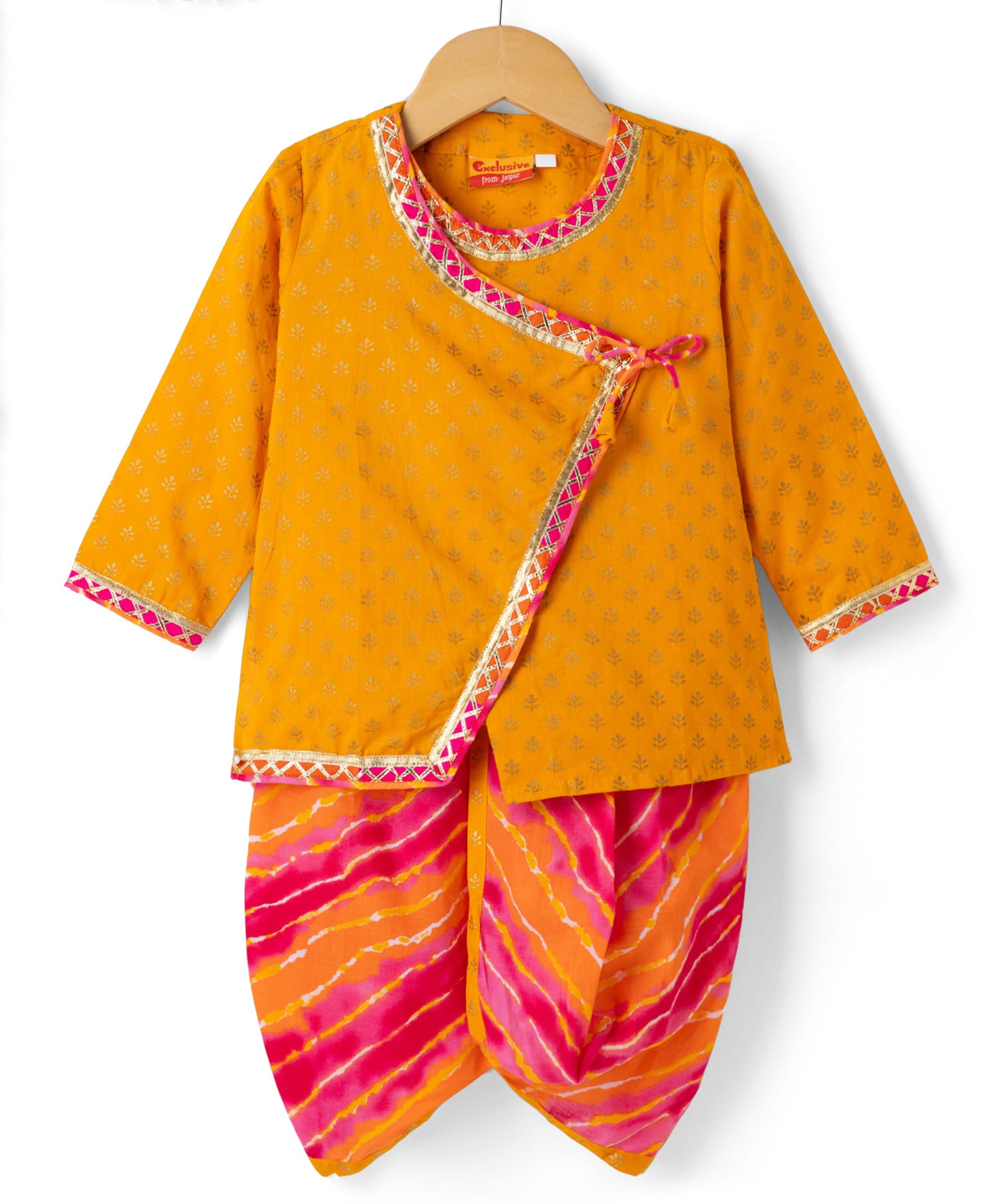 Exclusive from Jaipur Cotton Woven Full Sleeves Laharia Kurta Dhoti Set with Foil Floral Print - Orange-picture-23