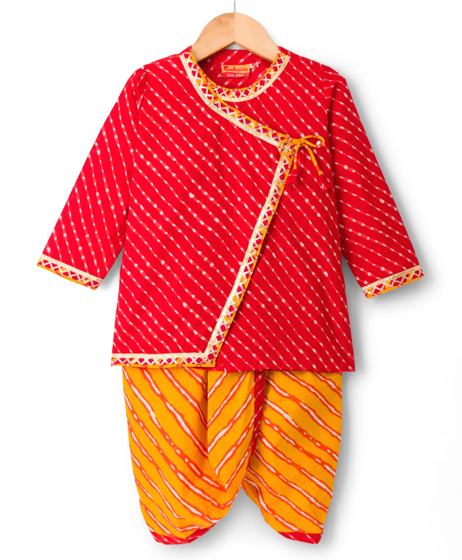 Exclusive from Jaipur Cotton Woven Full Sleeves Striped Kurta Dhoti Set - Red & Mustard-picture-19