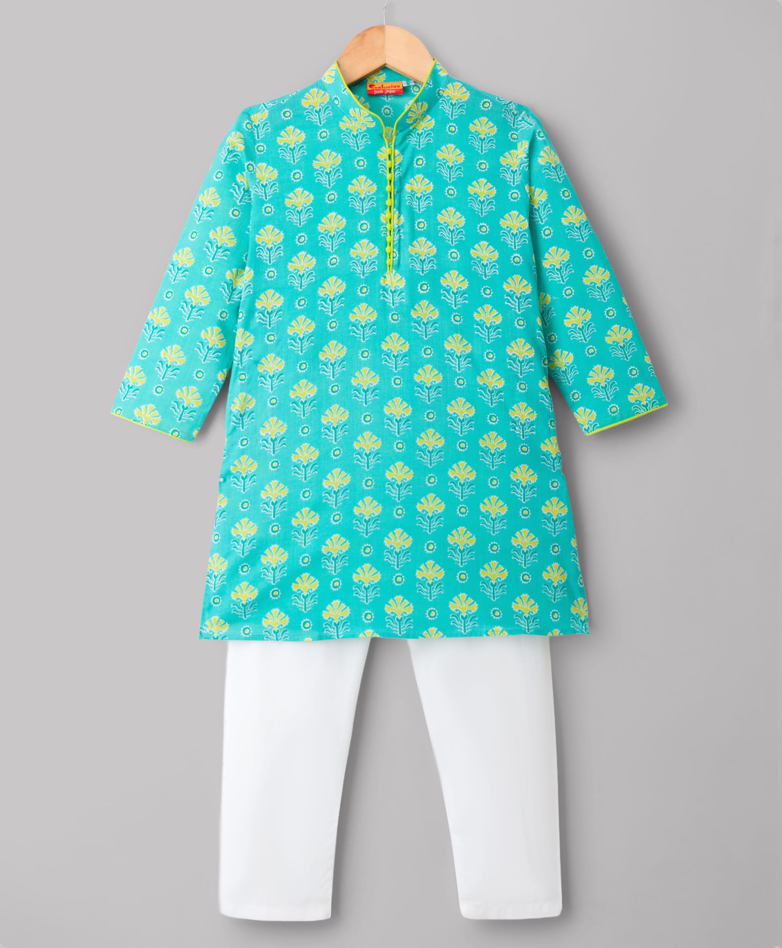 Exclusive from Jaipur Cotton Woven Full Sleeves Floral Printed Kurta Pajama Set - Sea Green-picture-20