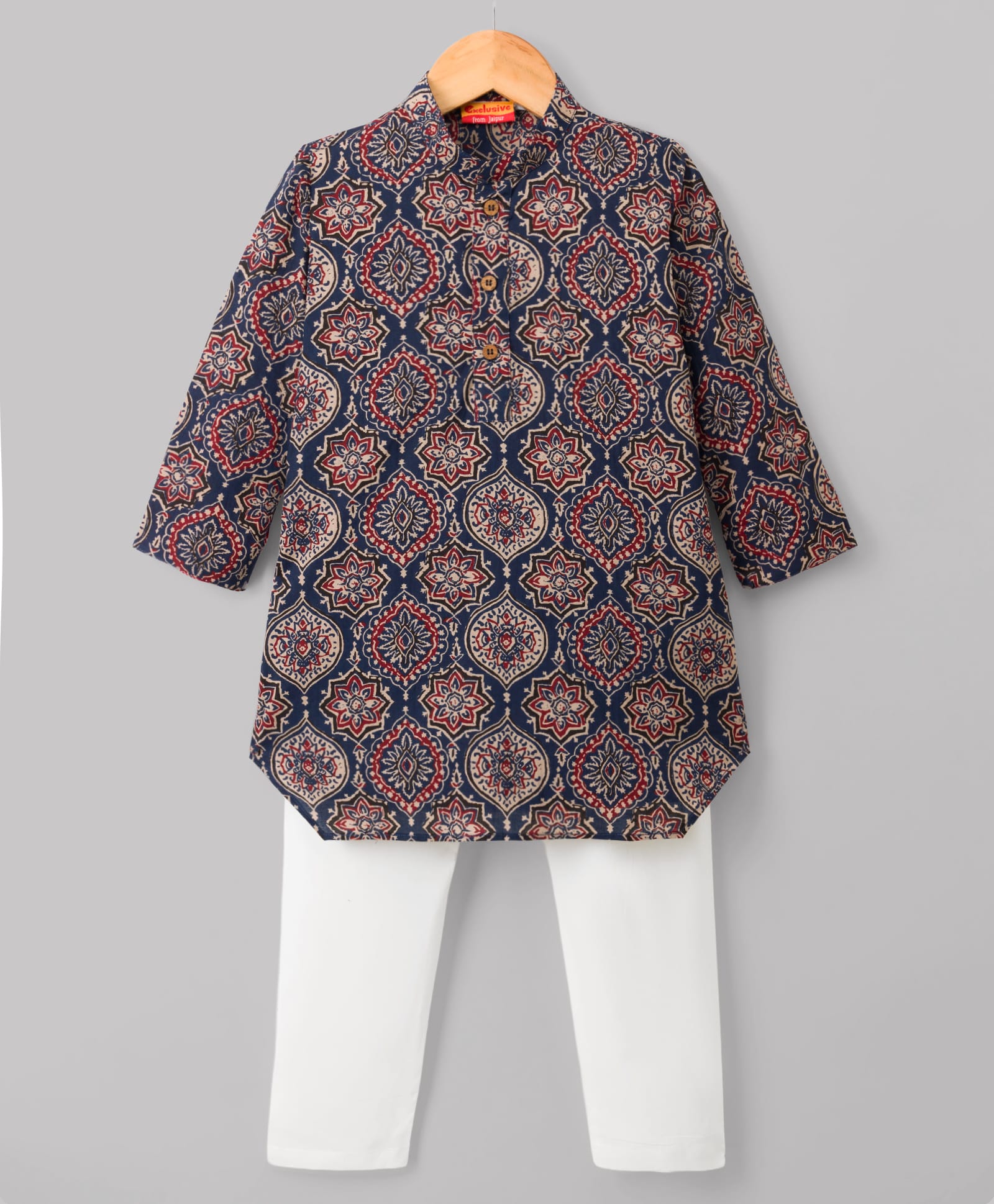 Exclusive from Jaipur Cotton Woven Full Sleeves Kurta Pajama Set with Motif Print - Navy Blue-image-31