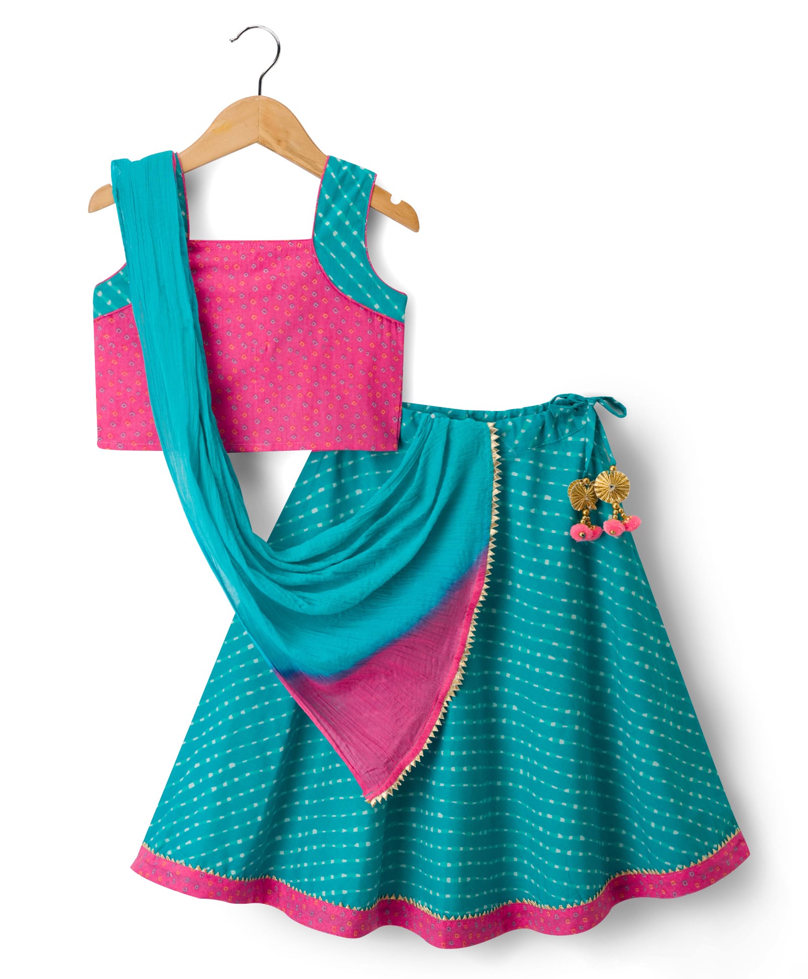 Exclusive from Jaipur Cotton Woven Sleeveless Striped Lehenga Choli Set With Dupatta - Teal Blue & Pink-image-9