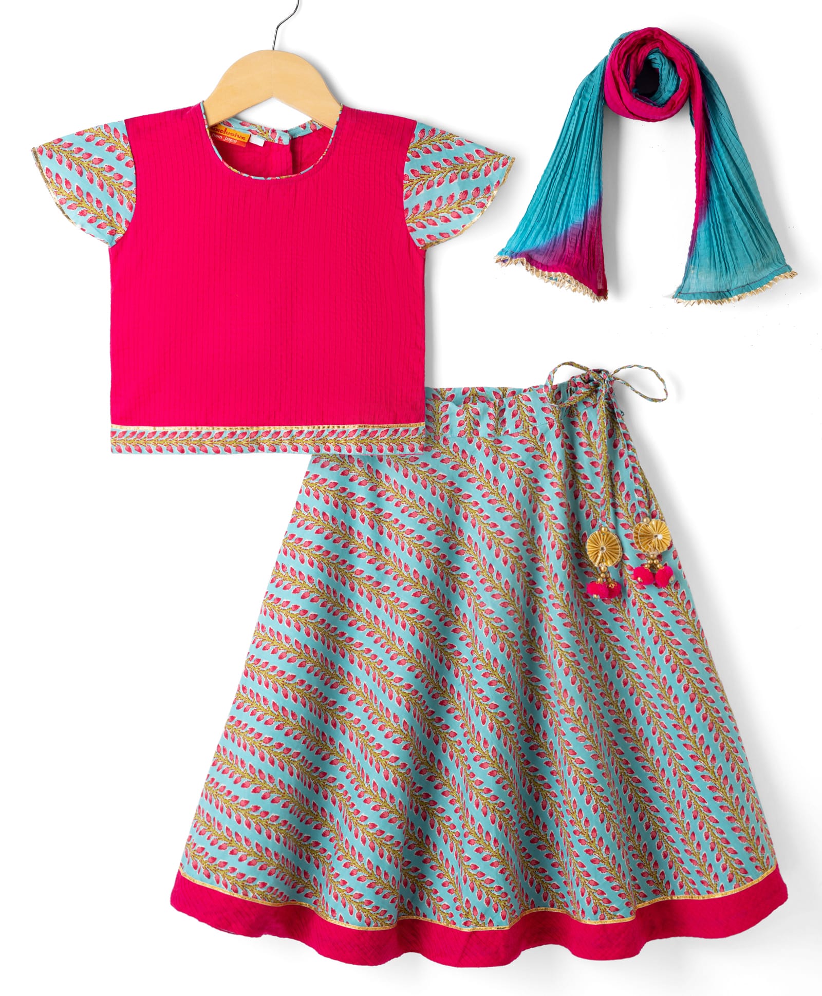 Exclusive from Jaipur Cotton Woven Half sleeves Floral Printed Choli Lehenga Set with Dupatta - Dark Pink-picture-16