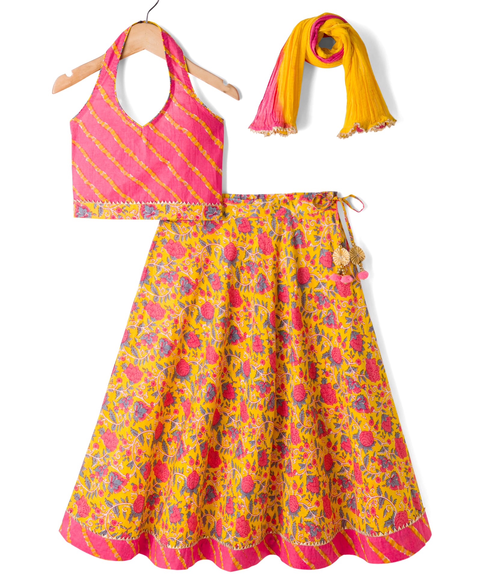 Exclusive from Jaipur Cotton Woven Sleeveless Floral Printed Lehenga Choli Set With Dupatta - Yellow & Peach-image-40