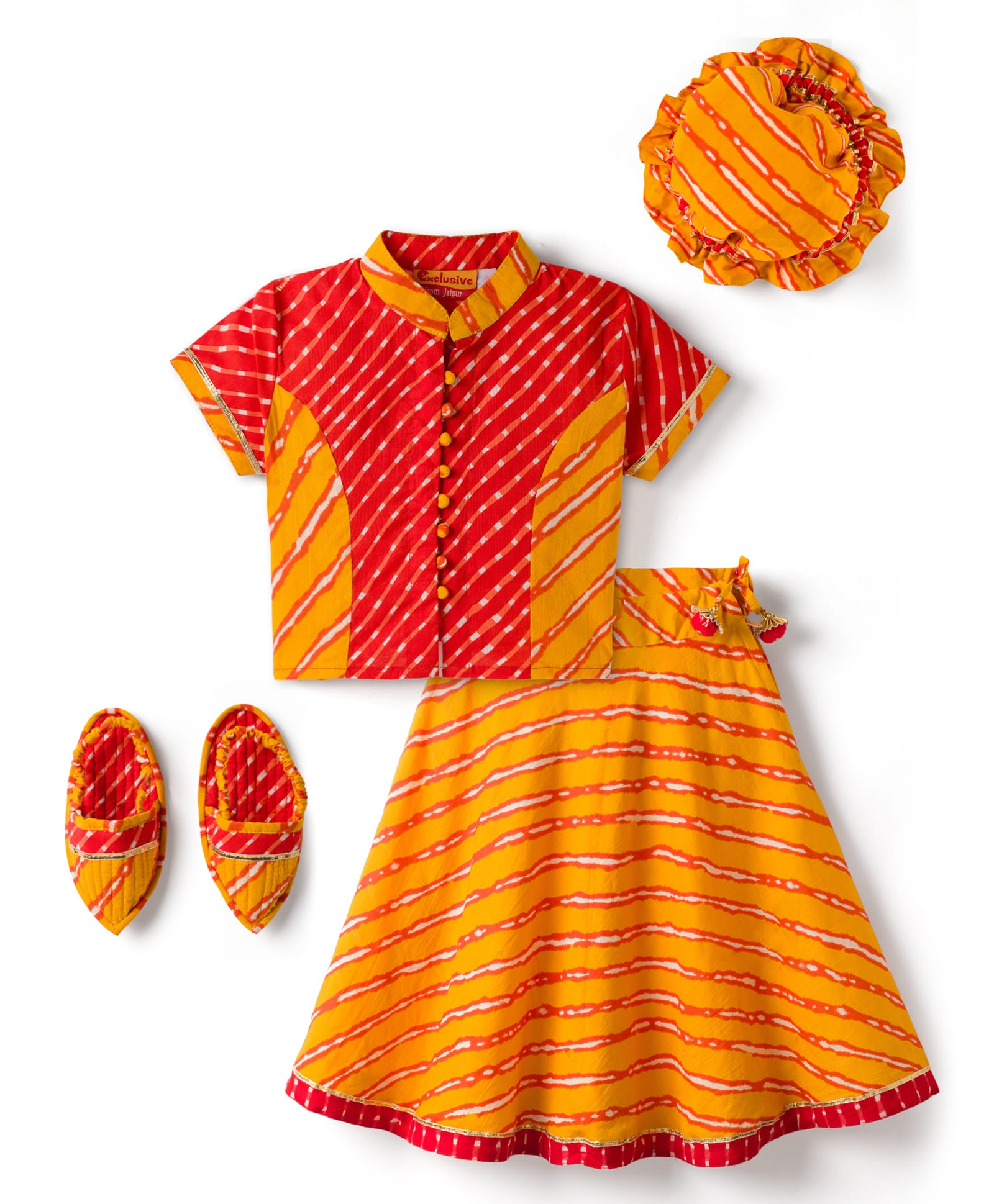 Exclusive from Jaipur Cotton Woven Half Sleeves Printed Lehenga Choli Set With Turban & Mojaris - Red & Mustard-image-45