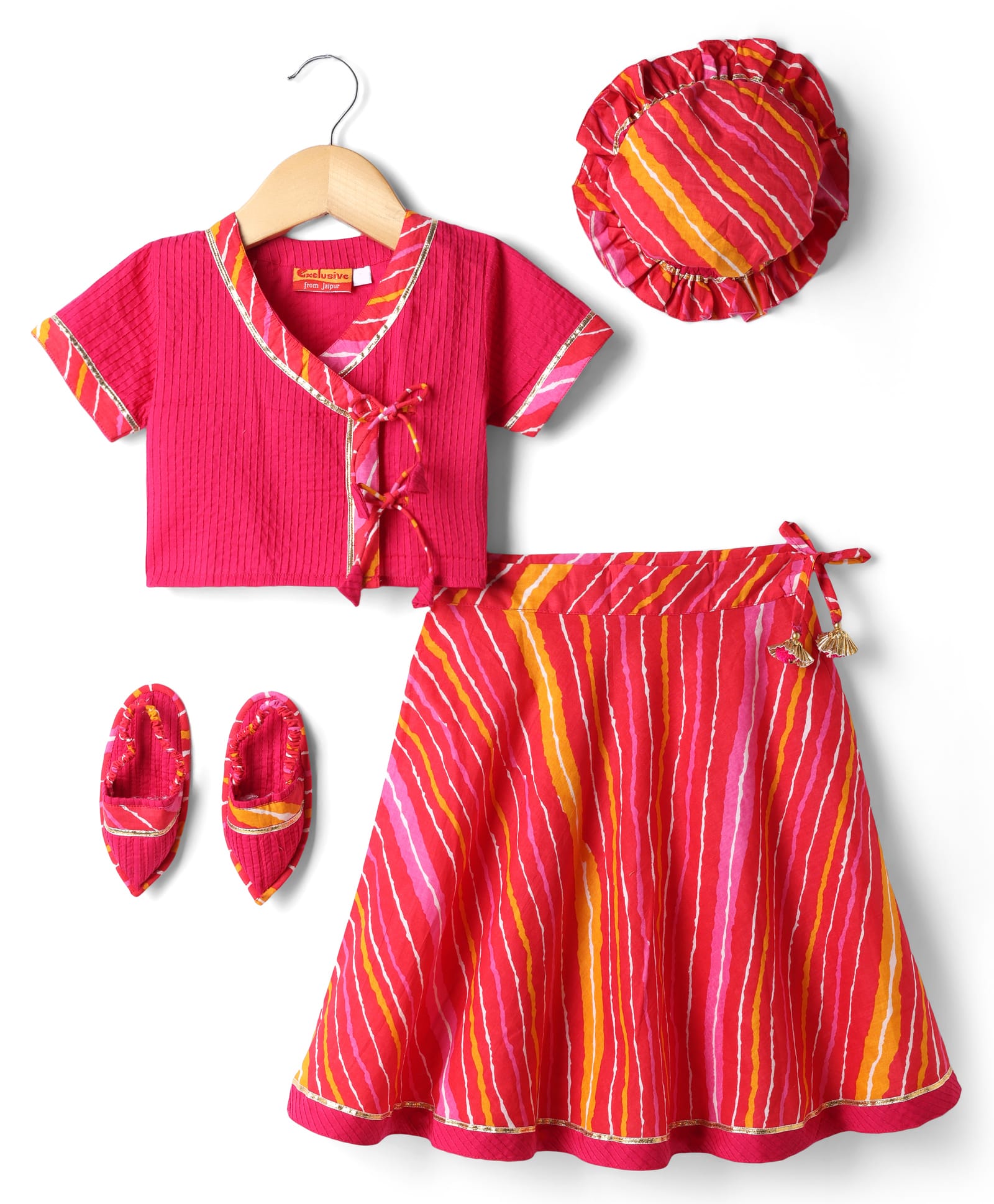 Exclusive from Jaipur Cotton Woven Half Sleeves Striped Choli & Lehenga Set With Cap & Booties - Dark Pink-image-14