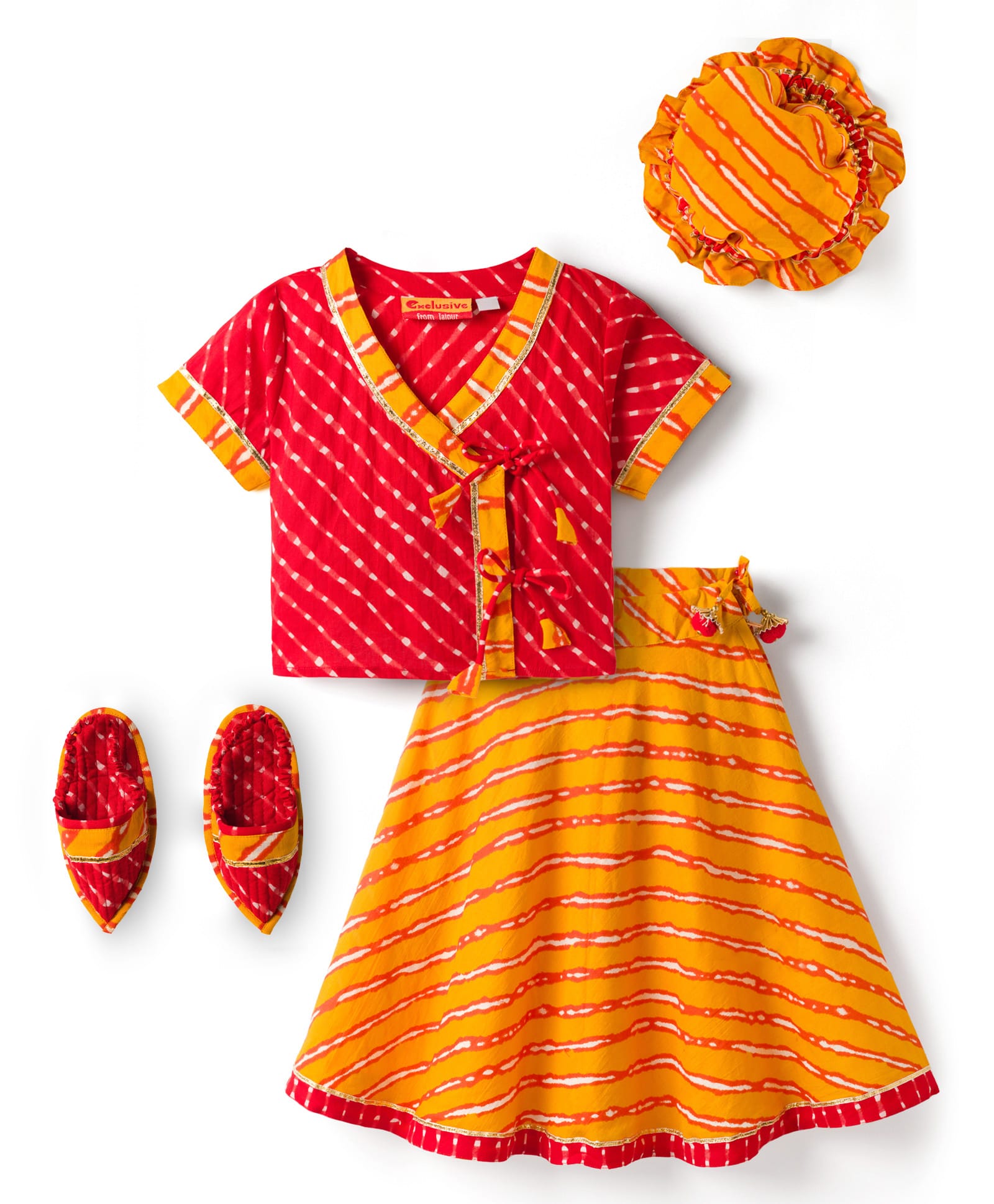 Exclusive from Jaipur Cotton Woven Half Sleeves Choli Lehenga Set With Cap & Booties - Yellow-image-21