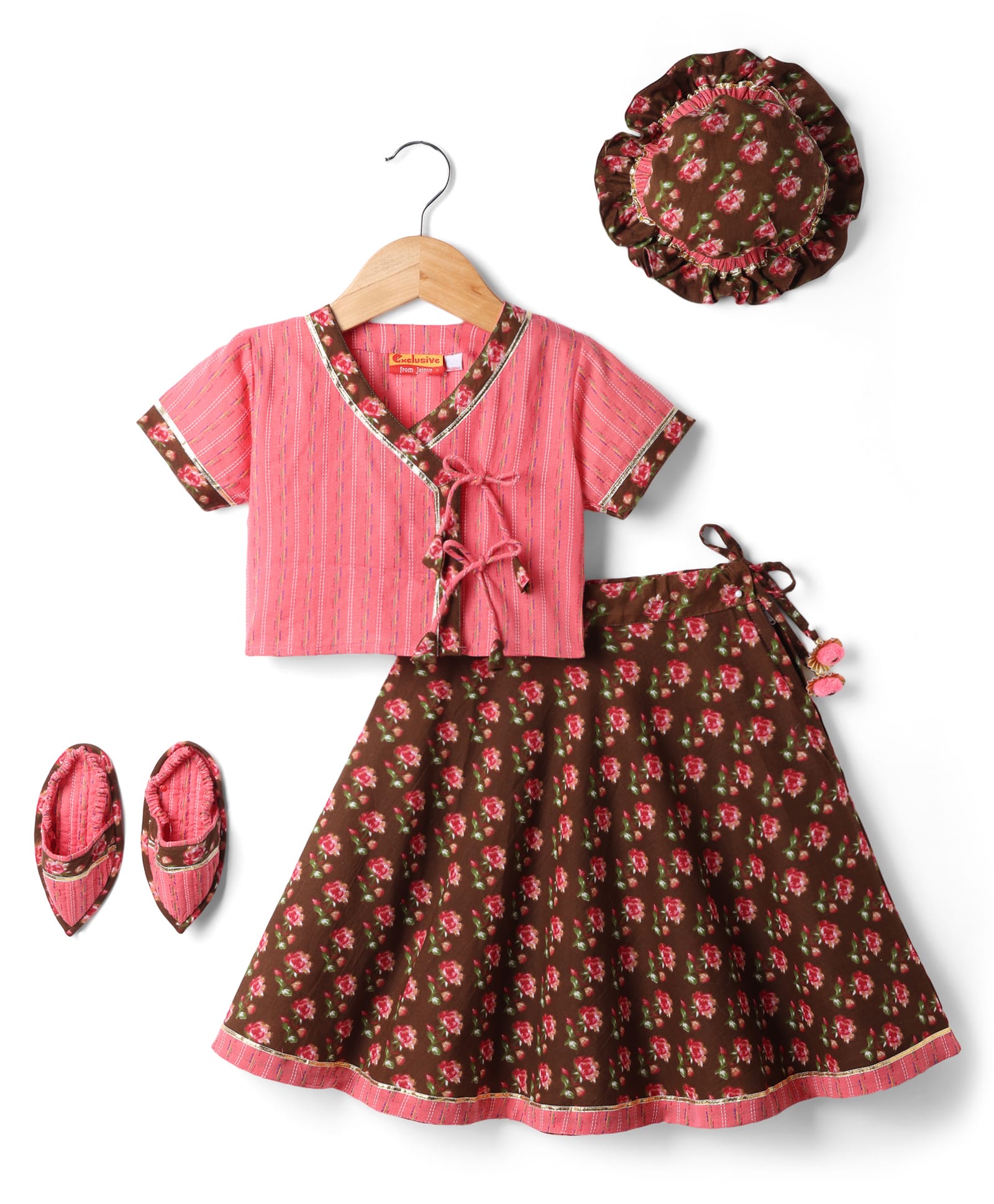 Exclusive from Jaipur Cotton Woven Half Sleeves Floral Printed Choli & Lehenga Set With Cap & Booties - Pink & Brow-image-30