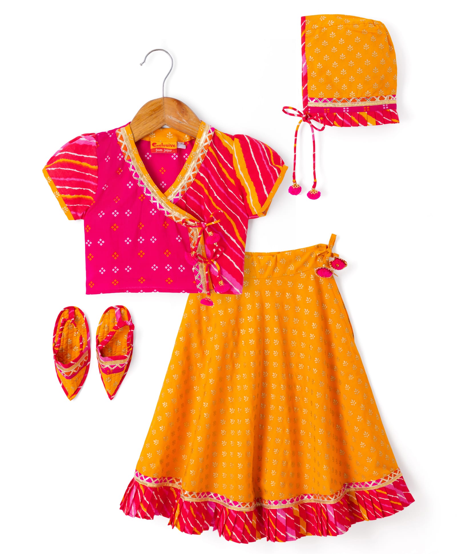Exclusive from Jaipur Cotton Woven Half Sleeves Printed Lehenga Choli Set With Mojaris Cap & Lace Detailing - Rani & Orange-image-1