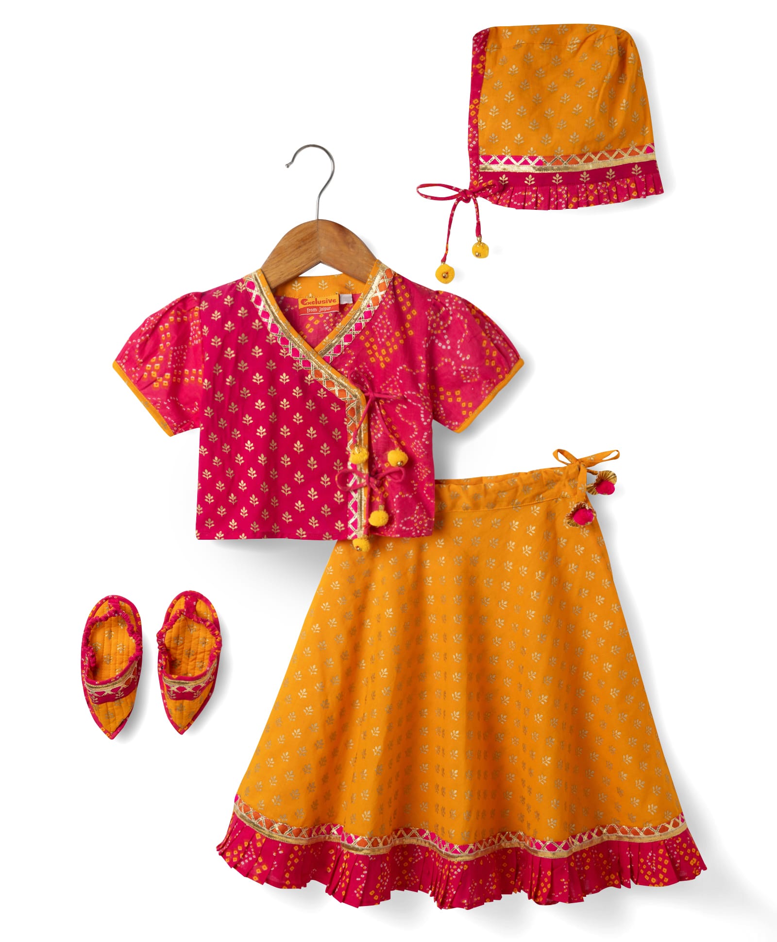 Exclusive from Jaipur Cotton Woven Half Sleeves Foil Printed Choli & Lehenga Set With Cap & Booties - Dark Pink-image-15