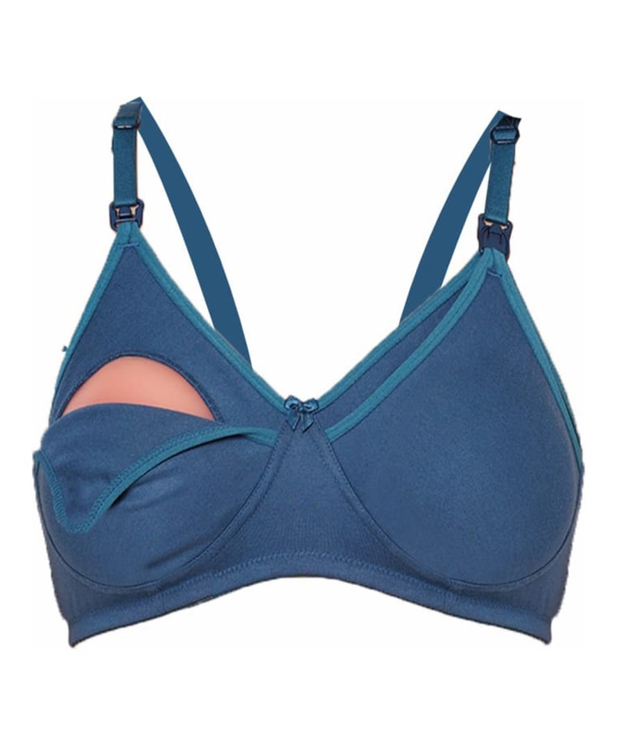 Tummy Cotton Blend Woven Solid Maternity Nursing Bra With Overlap Nursing Access - Blue-image-46