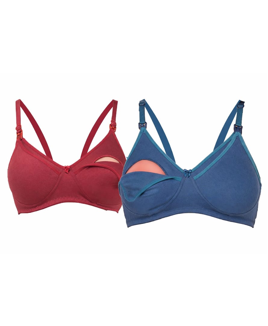 Tummy Cotton Blend Pack Of 2 Woven Solid Maternity Nursing Bra With Overlap Nursing Access - Blue & Maroon-image-23