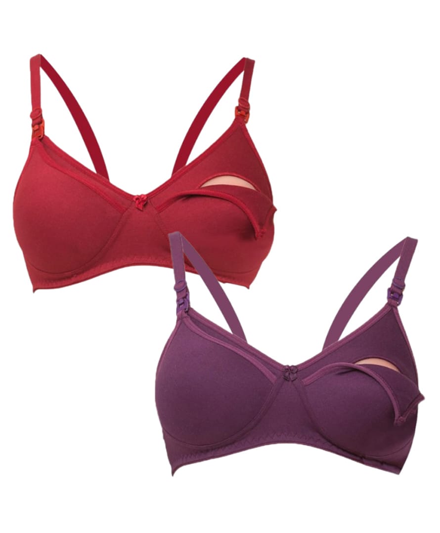 Tummy Cotton Blend Pack Of 2 Woven Solid Maternity Nursing Bra With Overlap Nursing Access - Purple & Maroon-picture-47