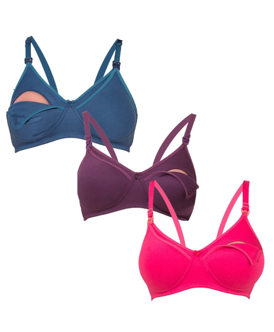 Tummy Cotton Blend Pack Of 3 Woven Solid Maternity Nursing Bra With Overlap Nursing Access - Purple Pink & Blue-image-24