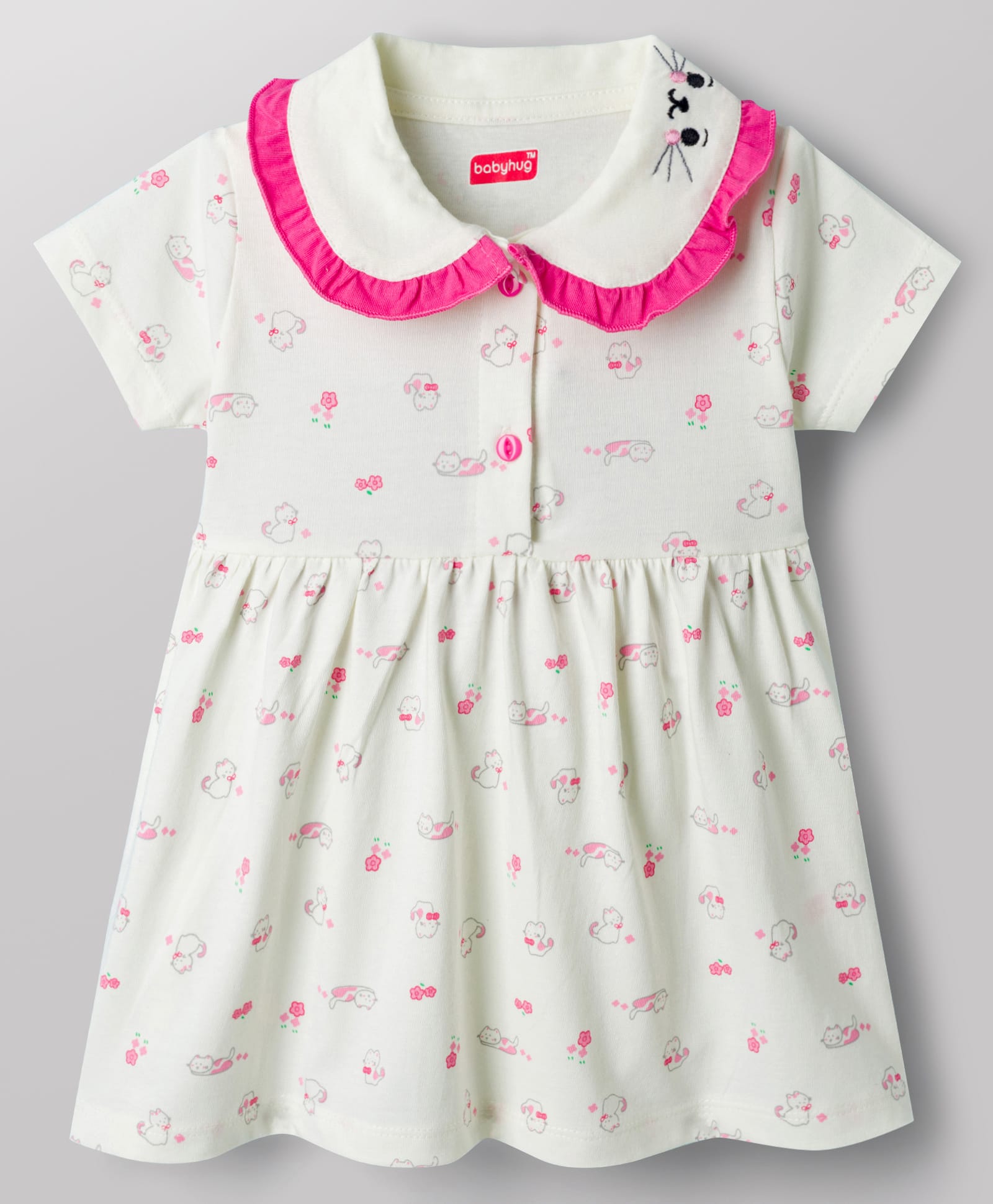 Babyhug Cotton Knit One Piece Frocks and Dress Half Sleeves Peter Pan Collar All Over Prints White 9-12 Months-picture-22