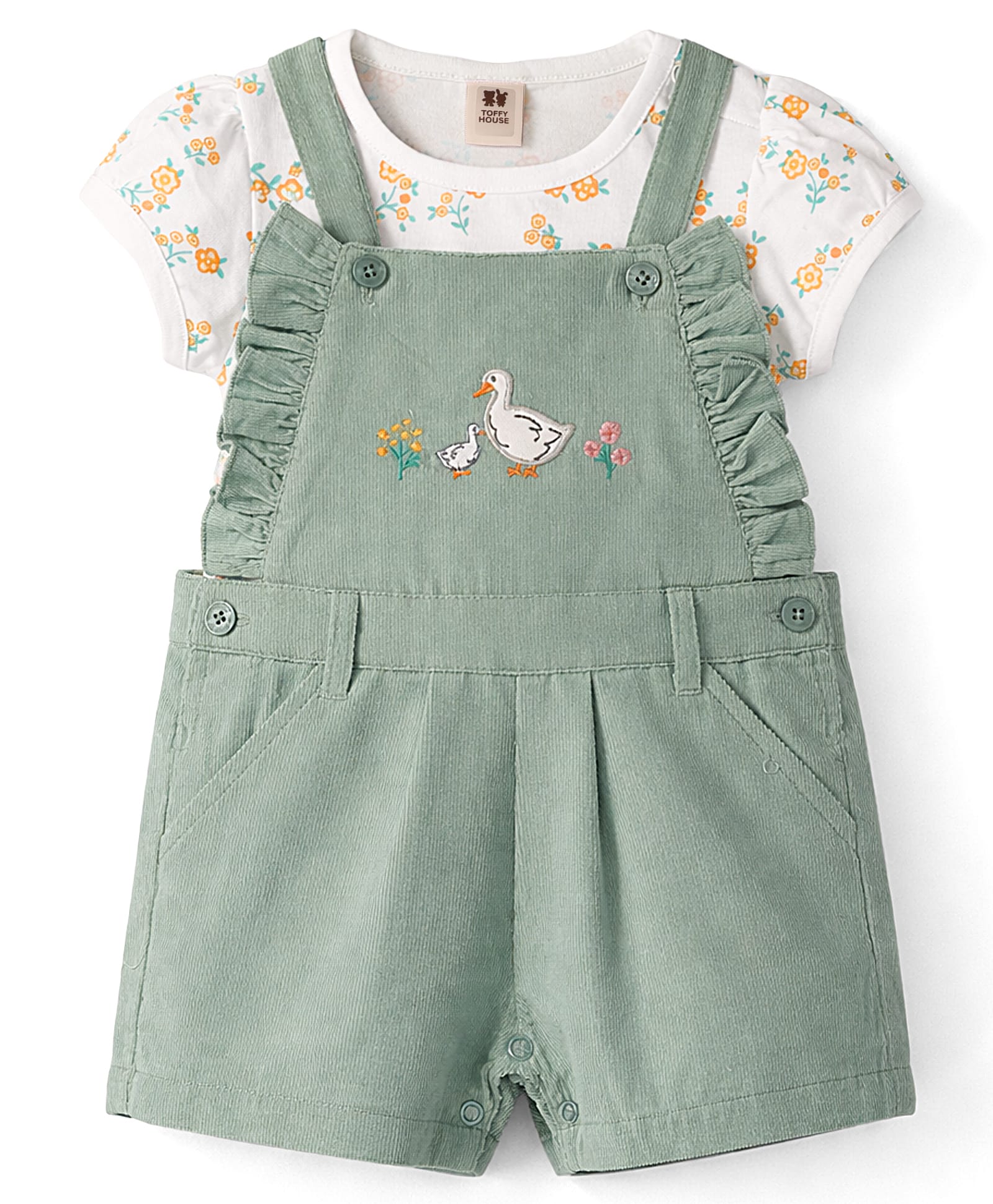 ToffyHouse Sinker Knit Dungaree & Half Sleeves Inner Tee with Floral Print & Duck Embroidery - Green-picture-27
