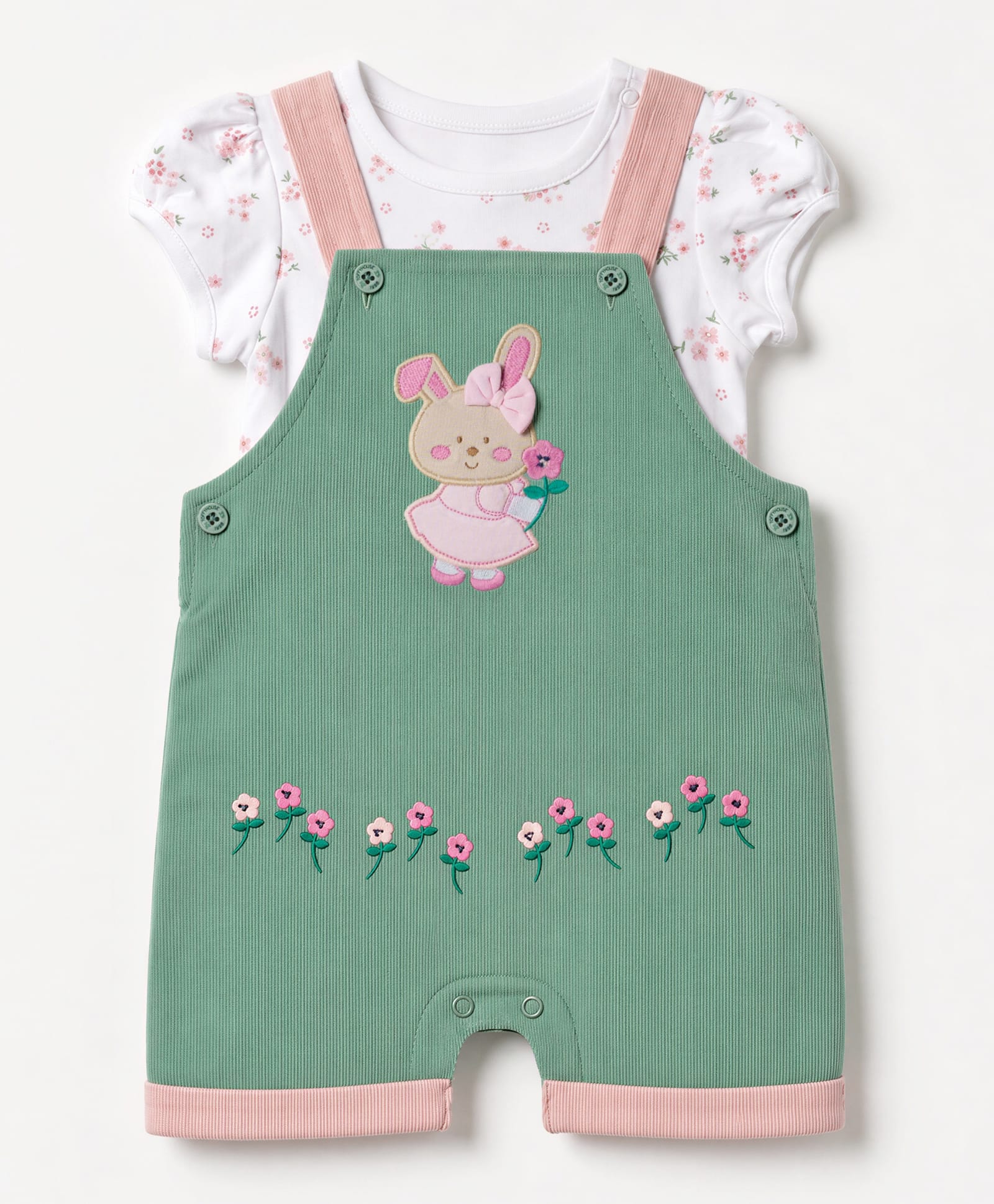 ToffyHouse Sinker Woven Knit Half Sleeves Floral & Bunny Embroidered Dungaree With Printed Tee - Green-image-16
