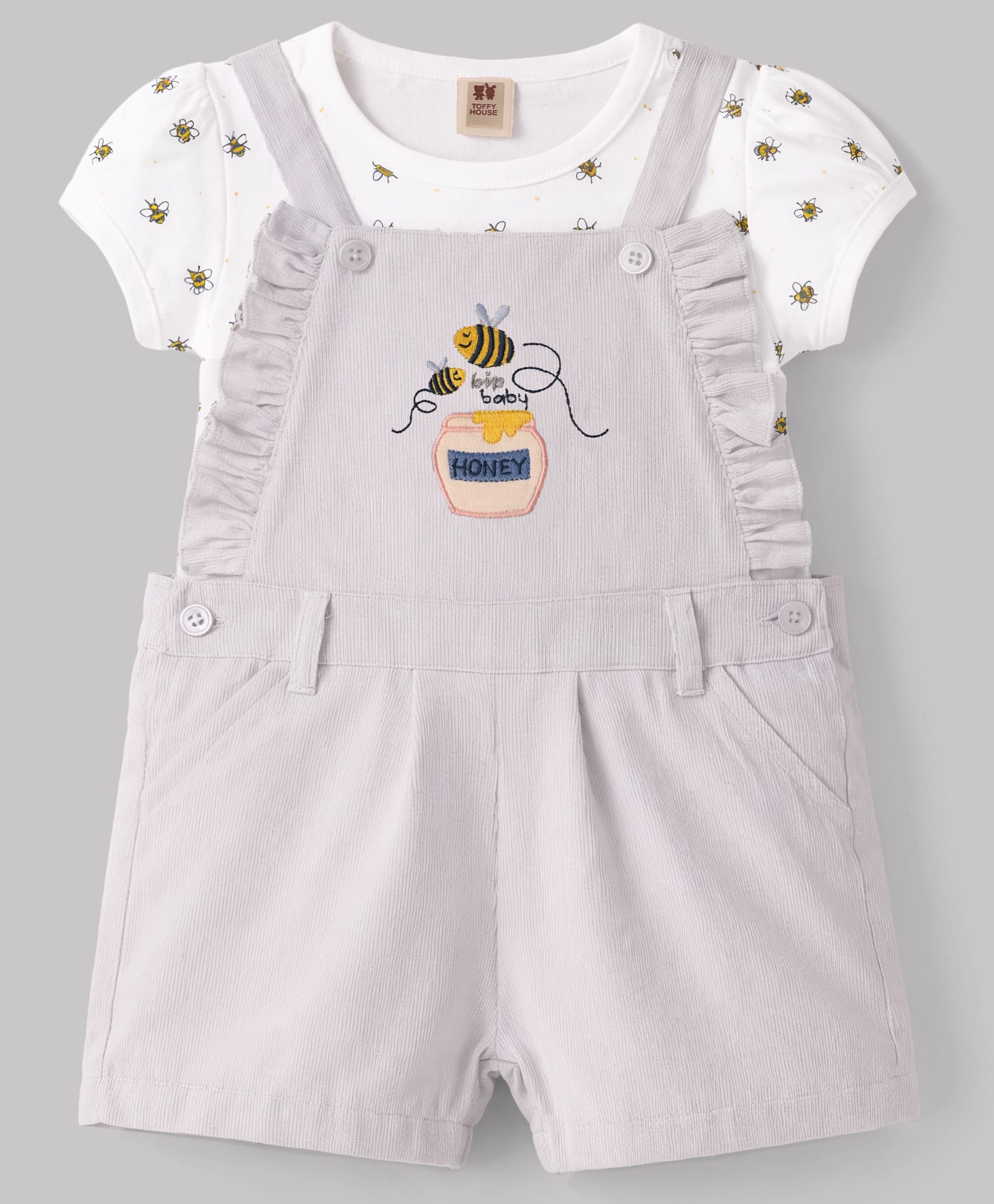ToffyHouse Sinker Knit Dungaree & Half Sleeves T-Shirt With Honey Bee Print - Blue-image-7