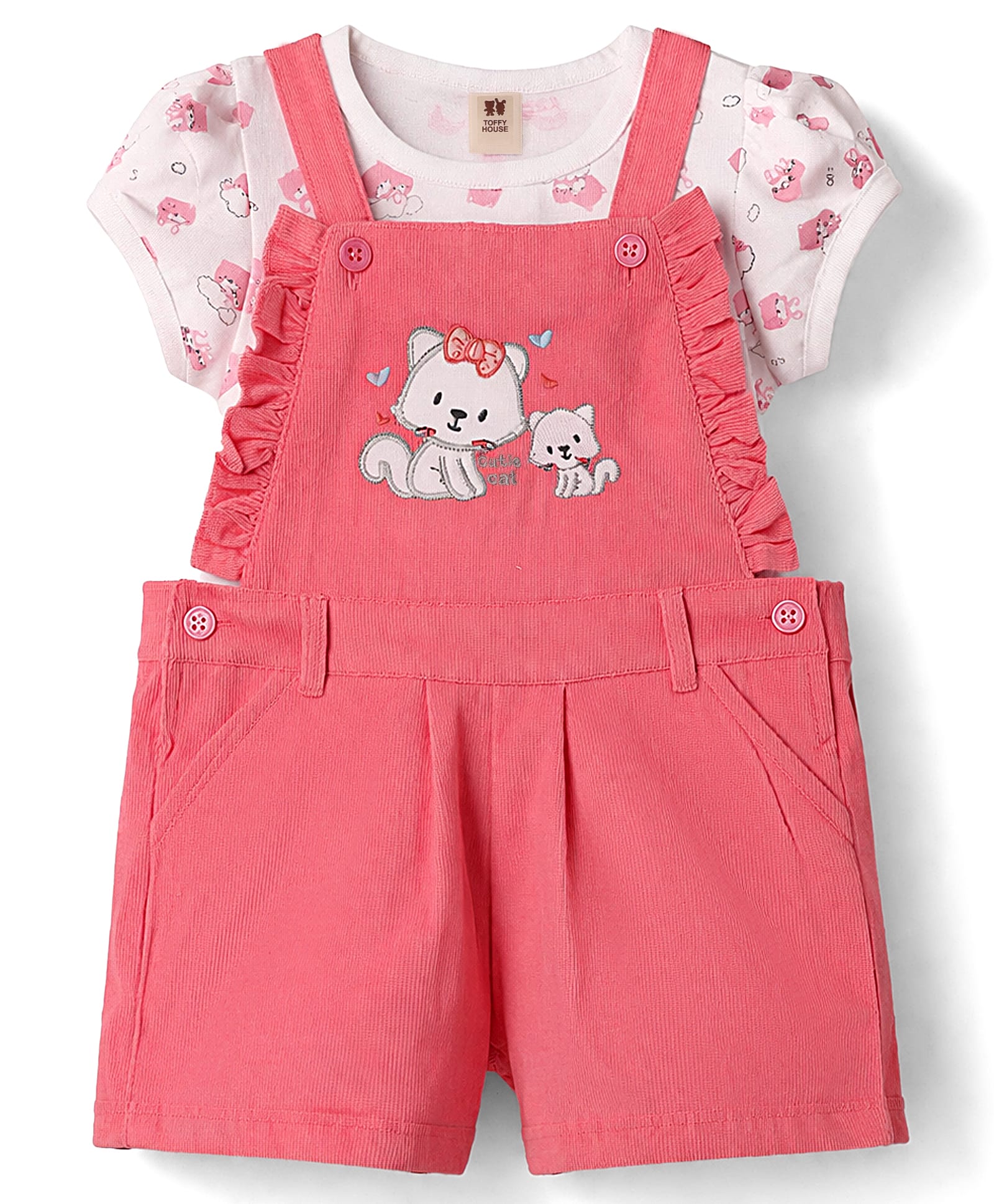 ToffyHouse Sinker Woven Knit Dungaree & Half Sleeves T-Shirt With Kitten Print - Pink-image-18