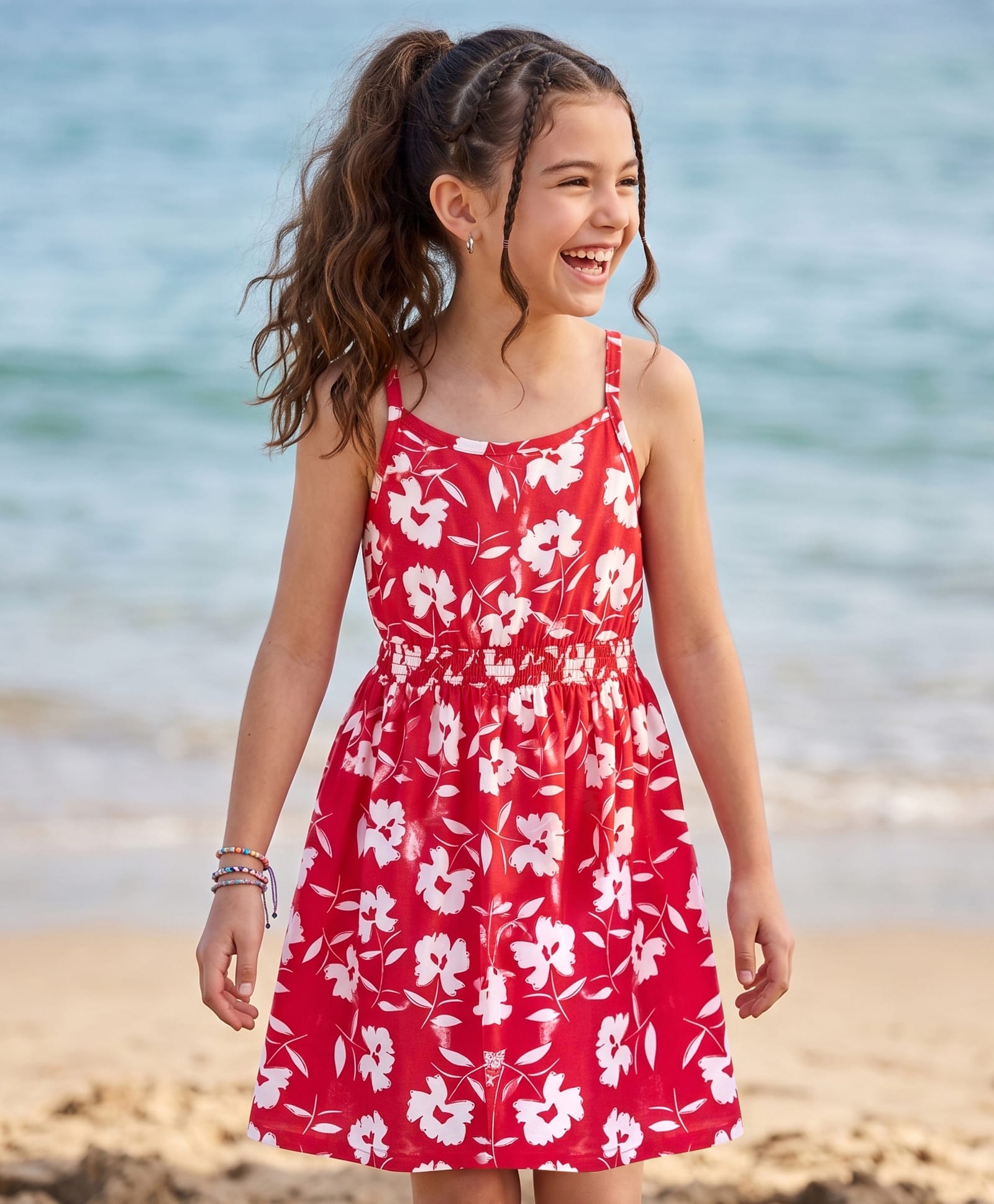 Pine Kids Cotton Knit Sleeveless Floral Printed Frock - Red-picture-33