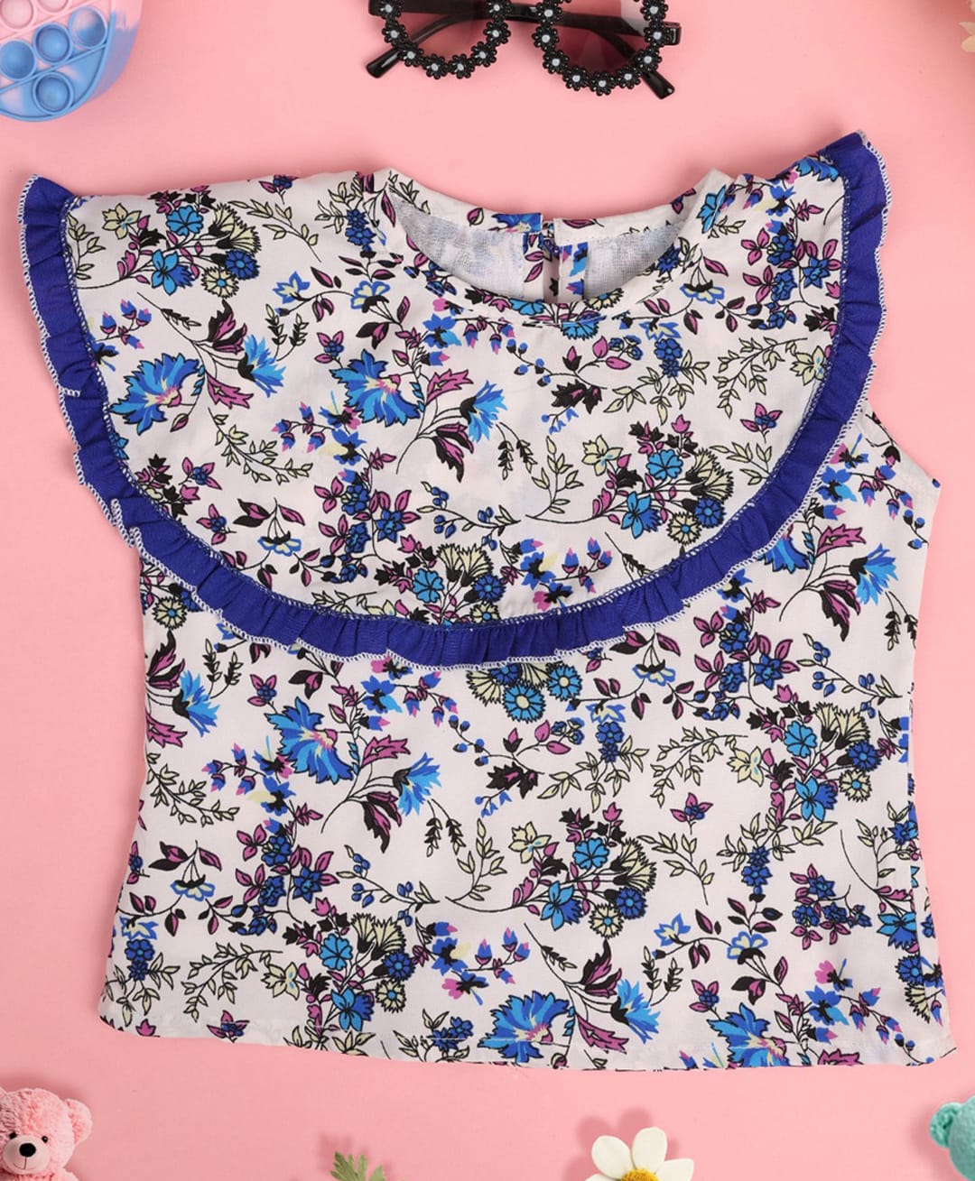 Cutiekins Woven Sleeveless Frill Detailed Floral Printed Asymmetrical Crop Top - Off White & Blue-picture-27