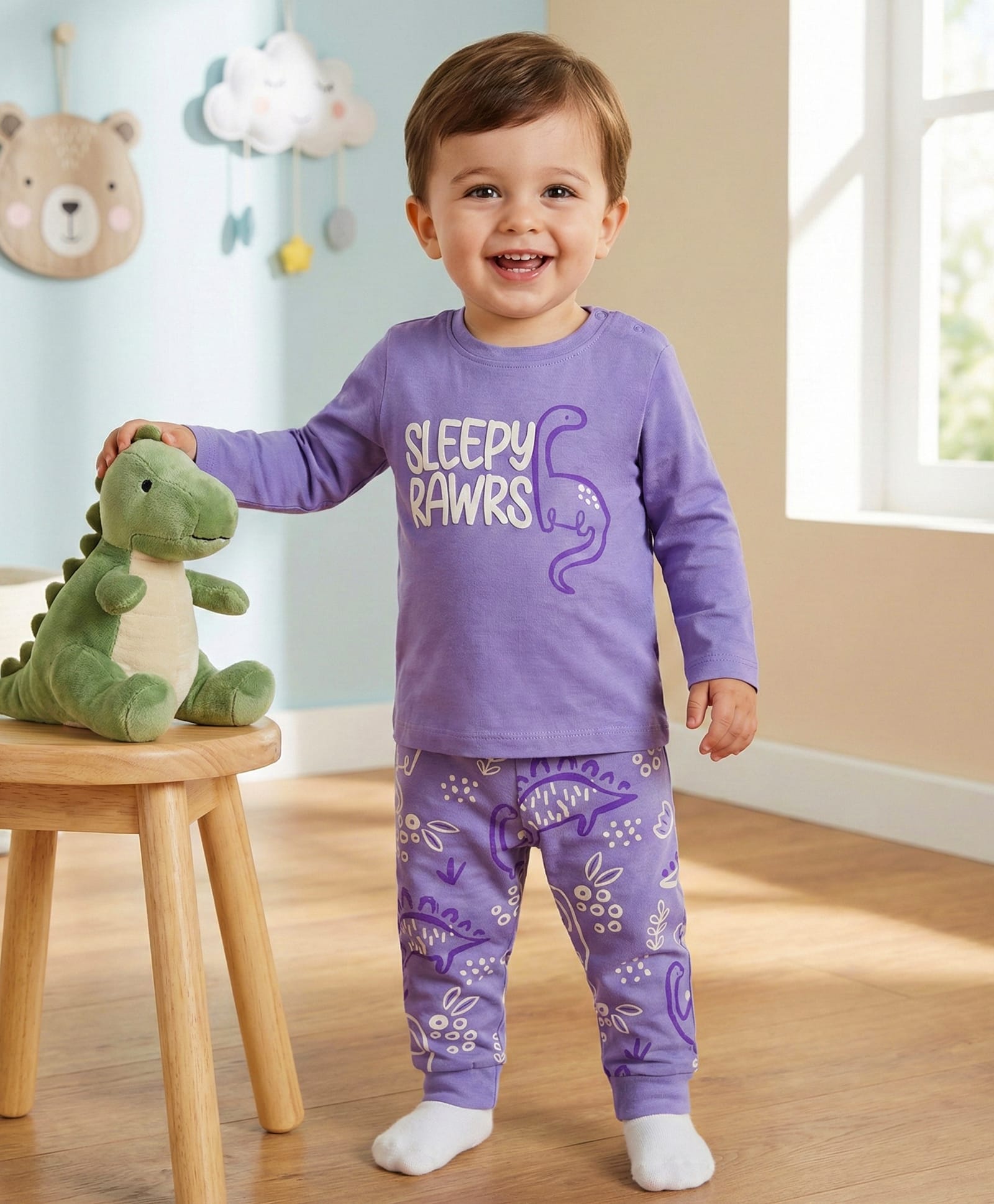 Babyoye 100% Cotton Knit Full Sleeves T-Shirt & Pajama Night Suit with Dino Print - Purple