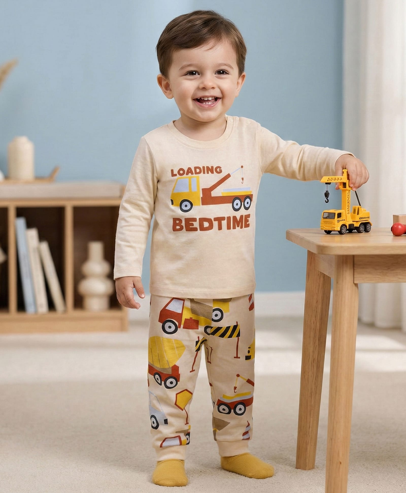 Babyoye 100% Cotton Knit Full Sleeves T-Shirt & Pajama Night Suit with Vehicle Print - Cream