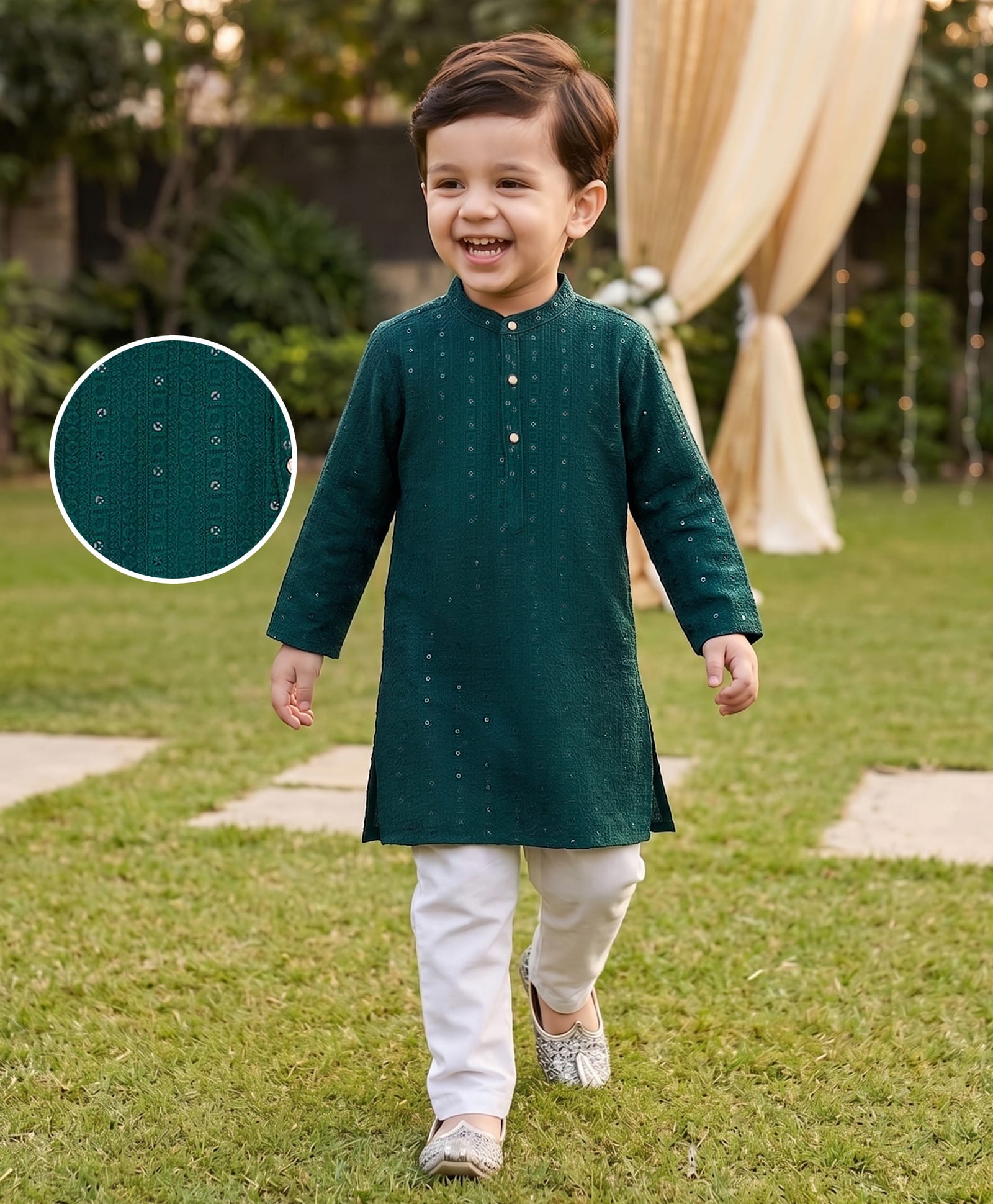 Babyhug Georgette Woven Full Sleeves Kurta Pajama Set with Embroidery - Green-image-38