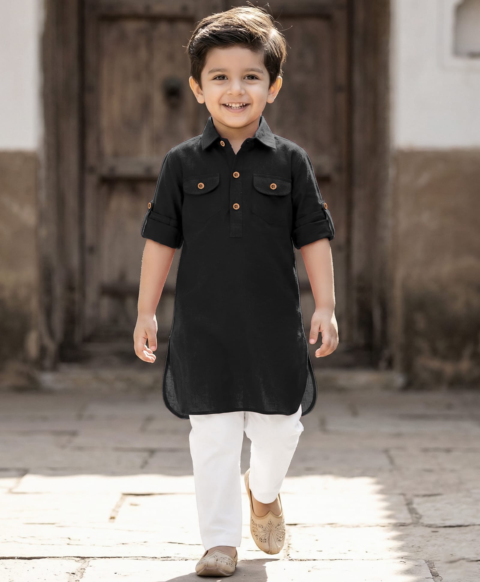 Babyhug Cotton Linen Woven Full Sleeves Solid Color Pathani Kurta Pajama Set - Black-picture-14